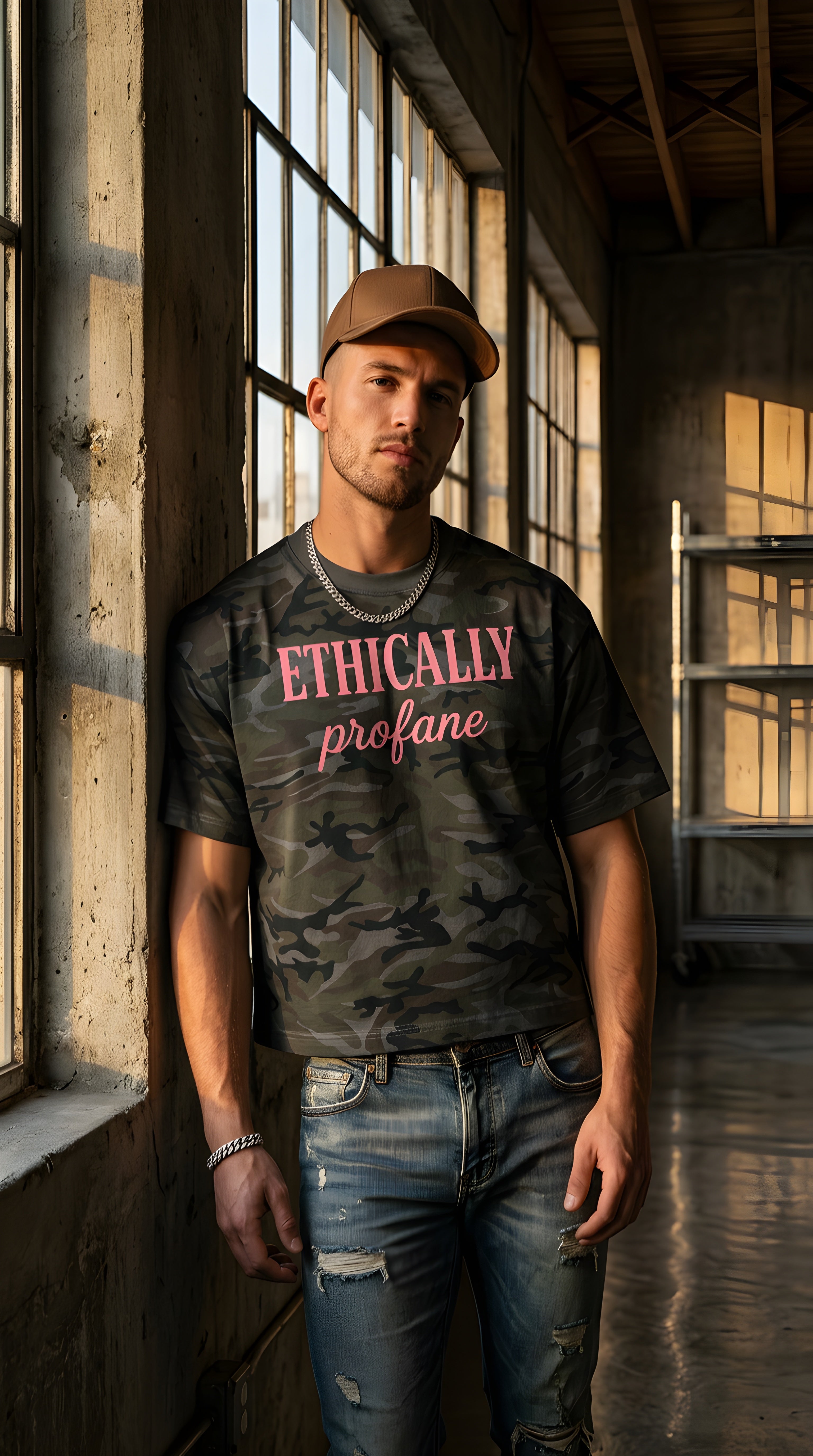 Mens 'ETHICALLY PROFANE' Camo Boxy Tee