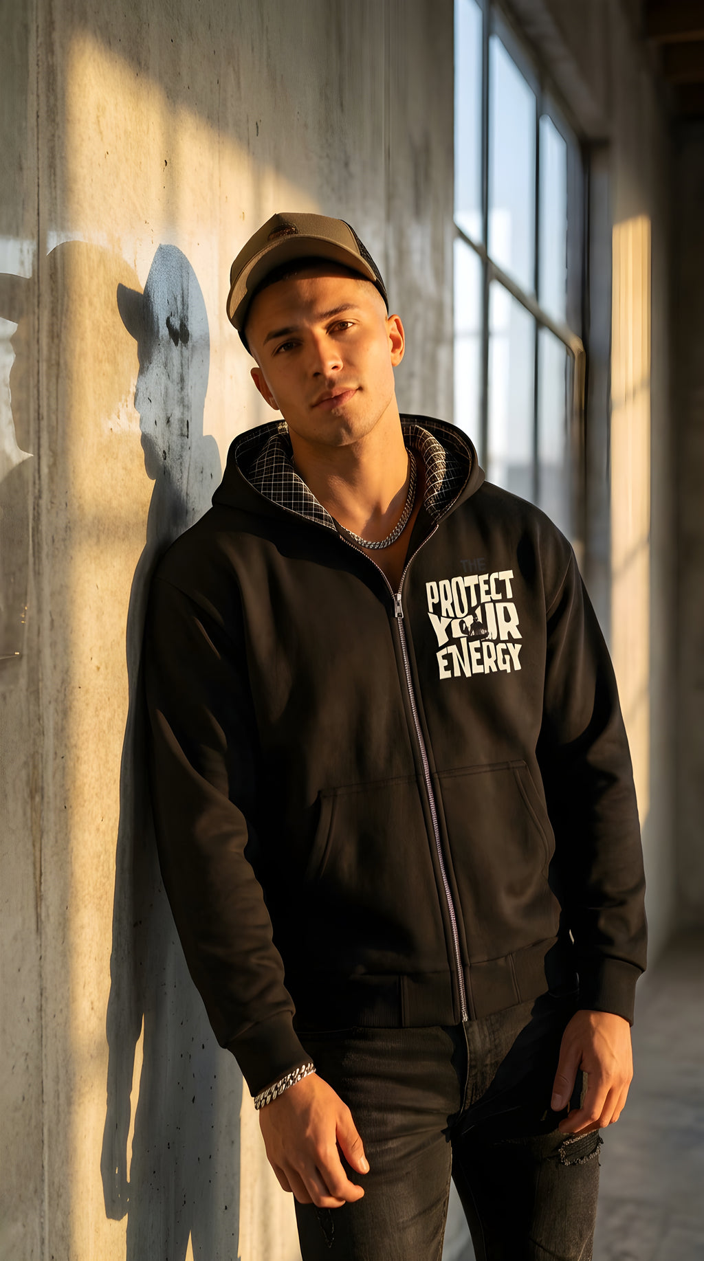 Mens 'PROTECT YOUR ENERGY' Contrast Plaid Boxy Zip Hoodie