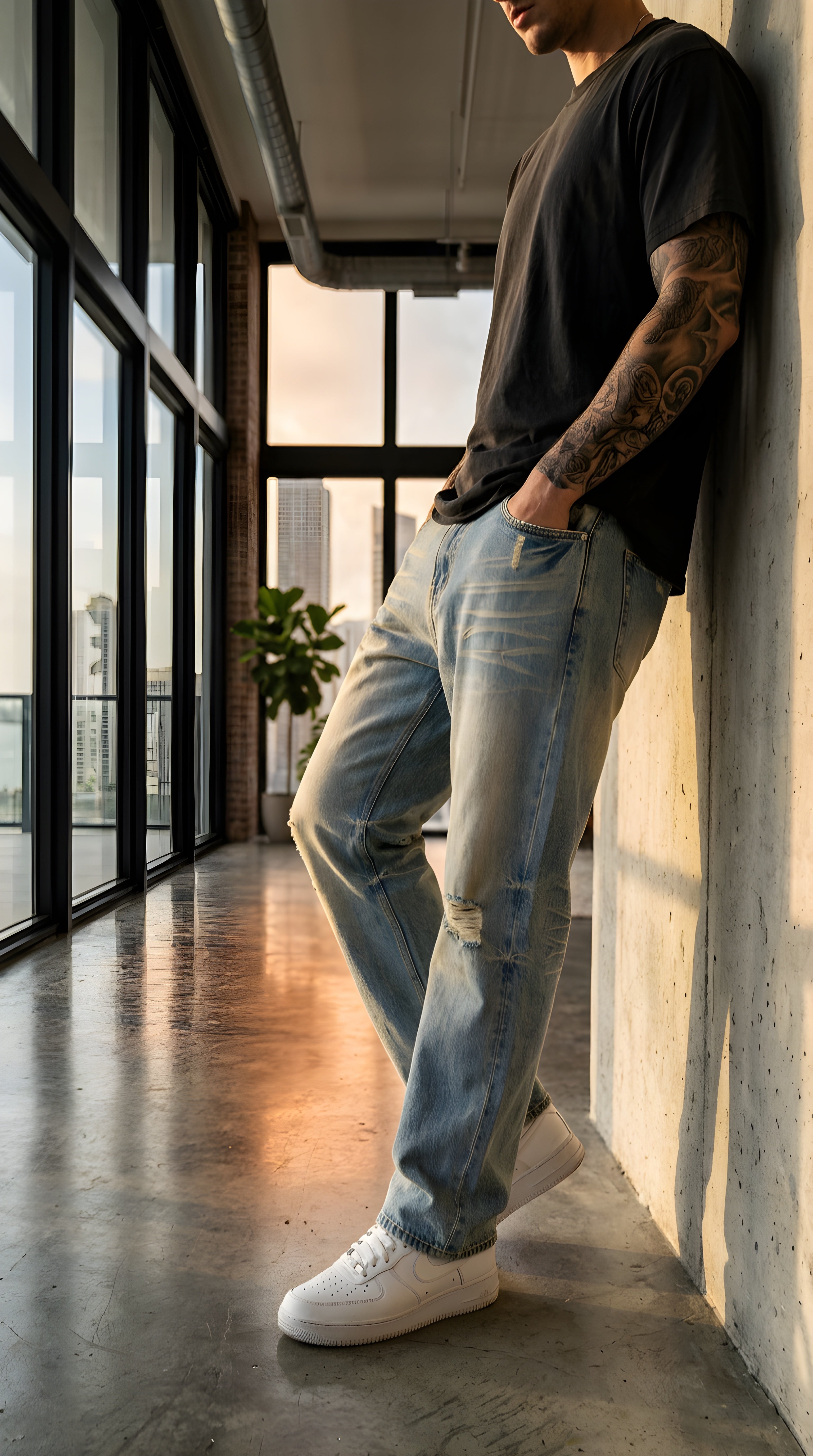 Sun Fade Raw Hem Denim Jeans
