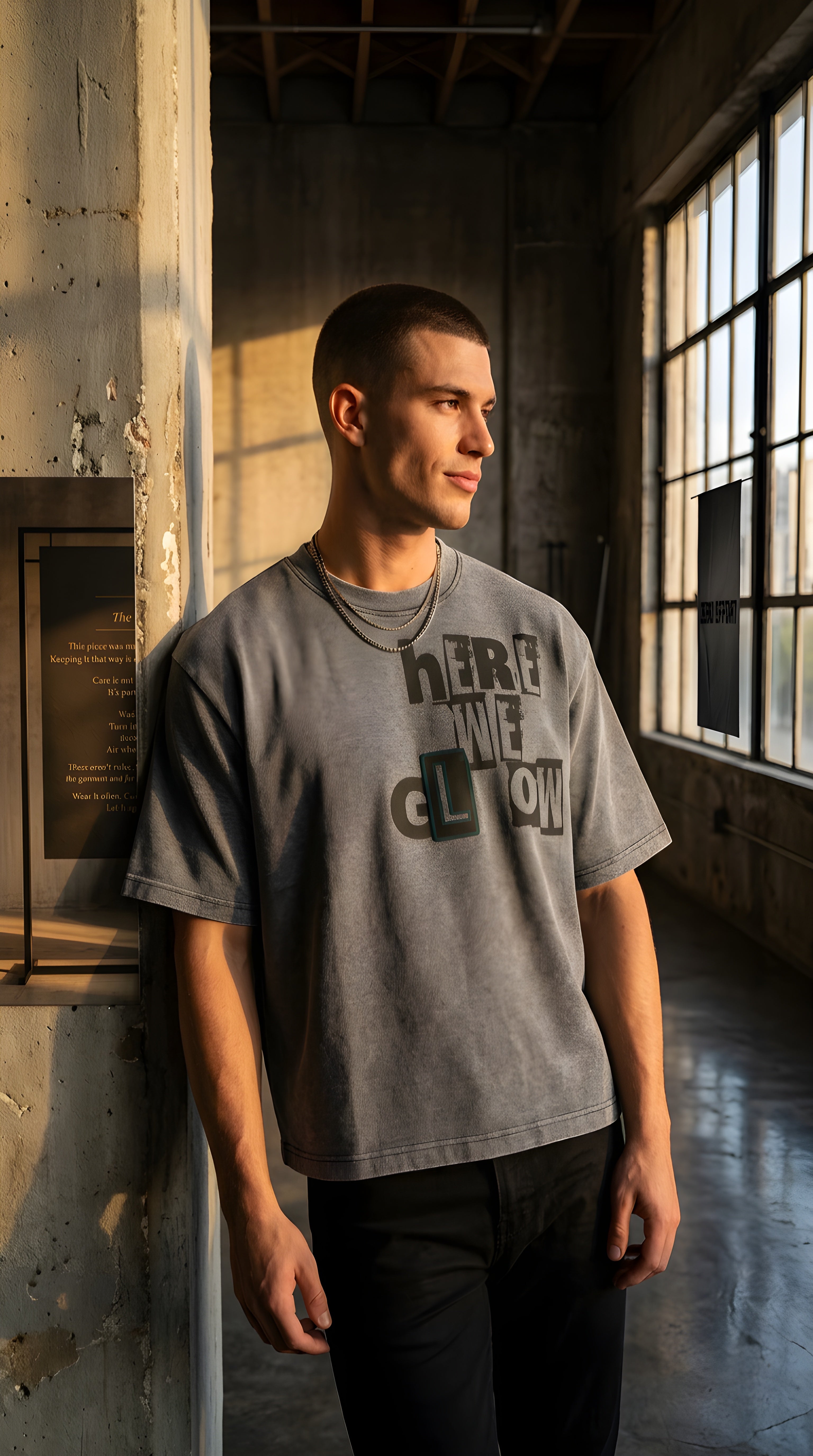 Mens 'HERE WE GLOW' Mineral Wash Waffle Boxy Tee