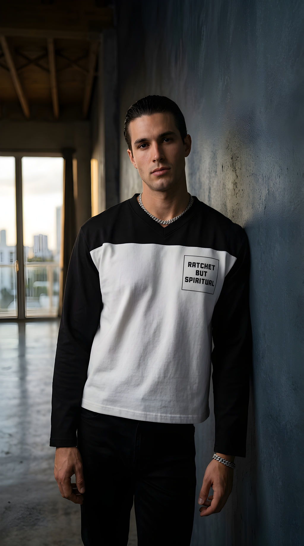 Mens 'RATCHET BUT SPIRITUAL' Sun Fade Color-Block Tee