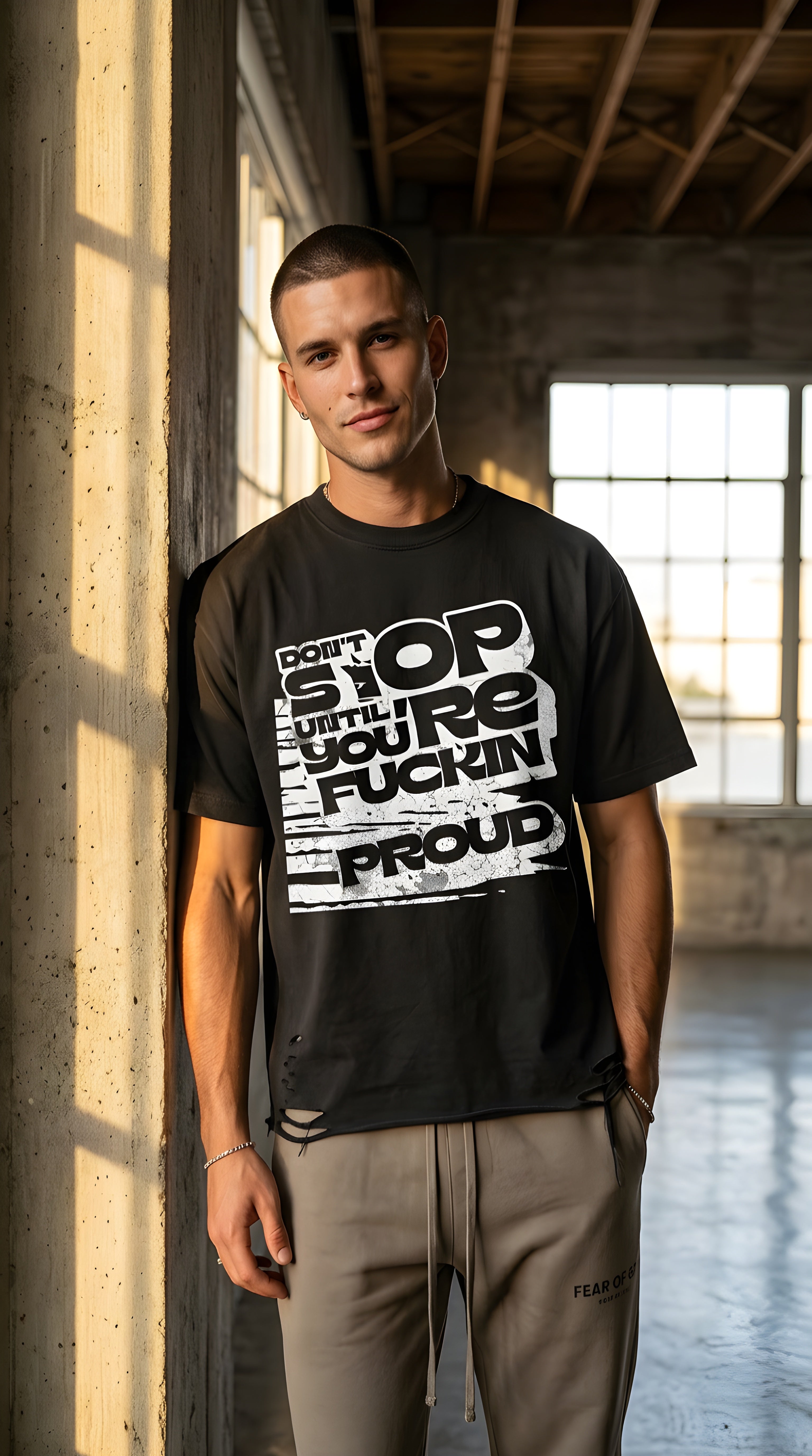 Mens 'STOP' Snow Washed Raw-Hem Tee