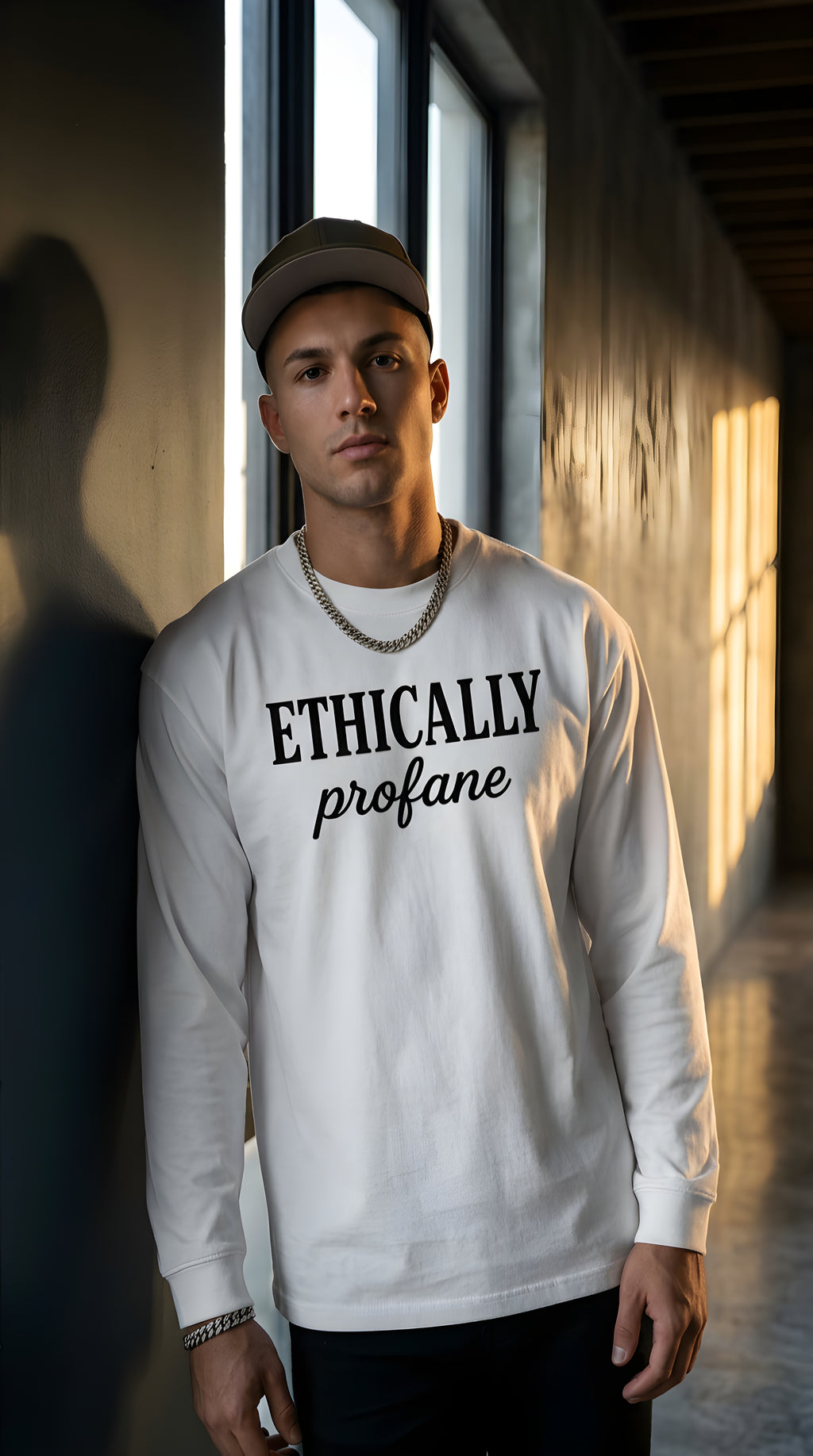Mens 'ETHICALLY PROFANE" Crew Neck Drop Shoulder Long Sleeve Shirt