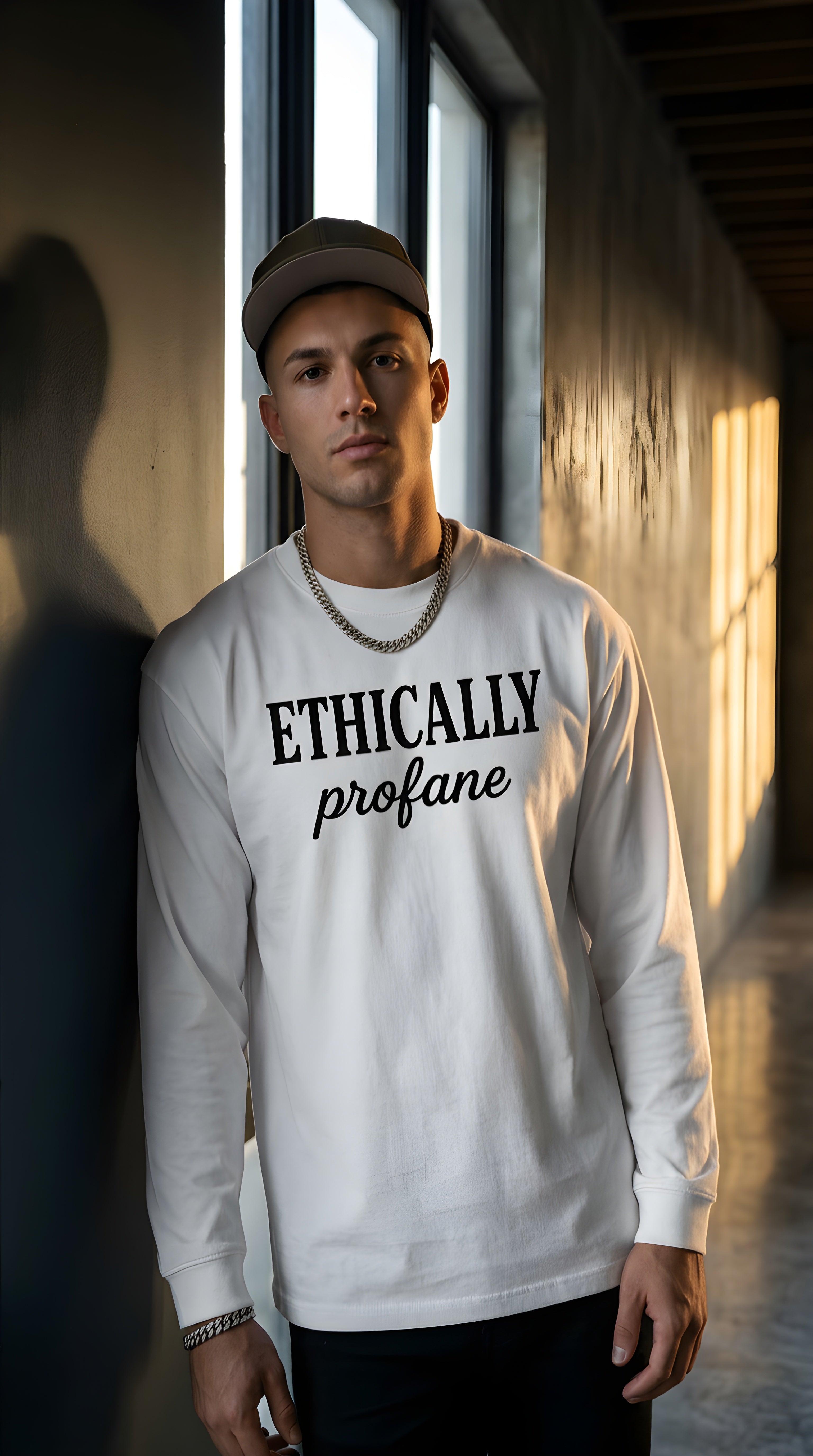 Mens 'ETHICALLY PROFANE" Crew Neck Drop Shoulder Long Sleeve Shirt