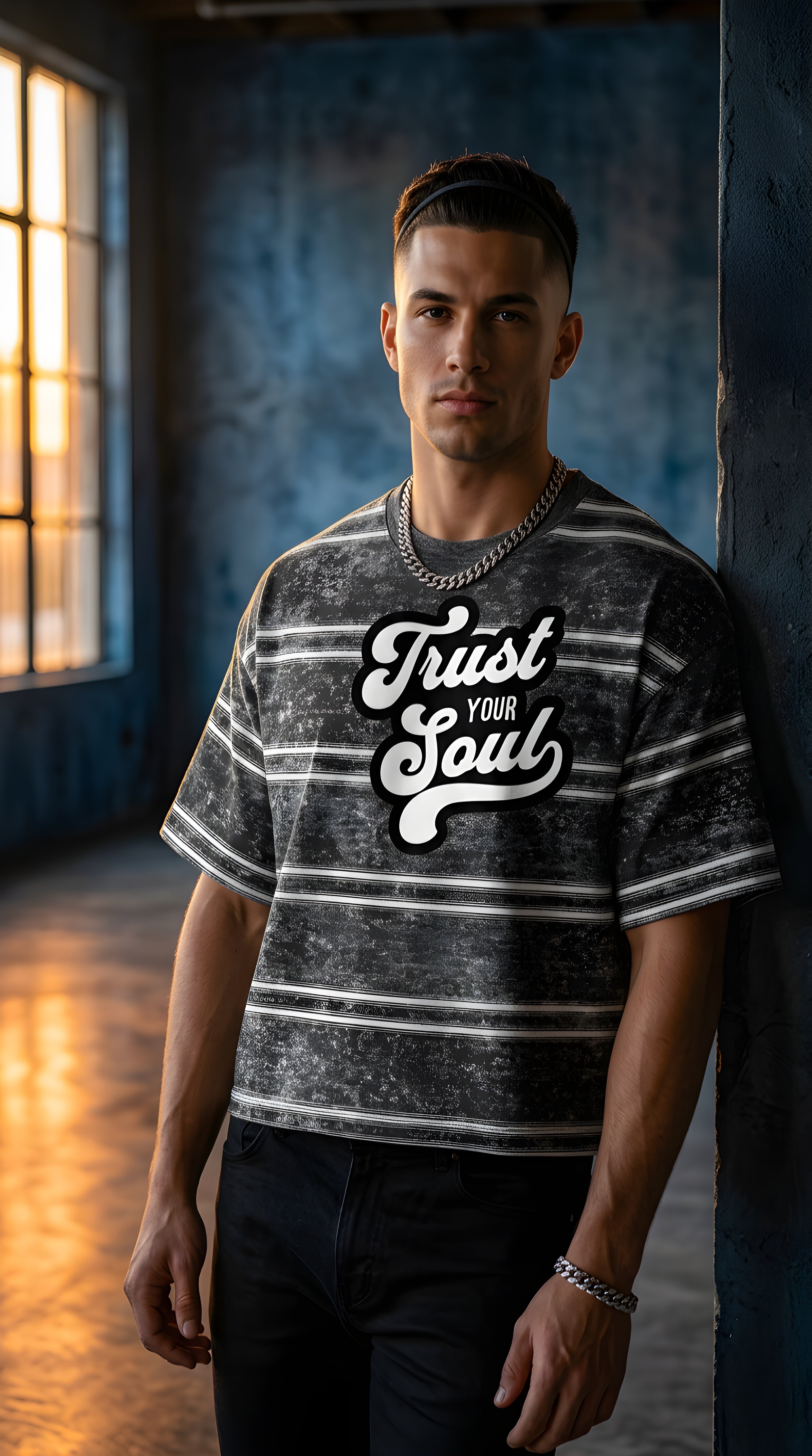 Mens 'TRUST YOUR SOUL" Snow Washed Striped Boxy Tee