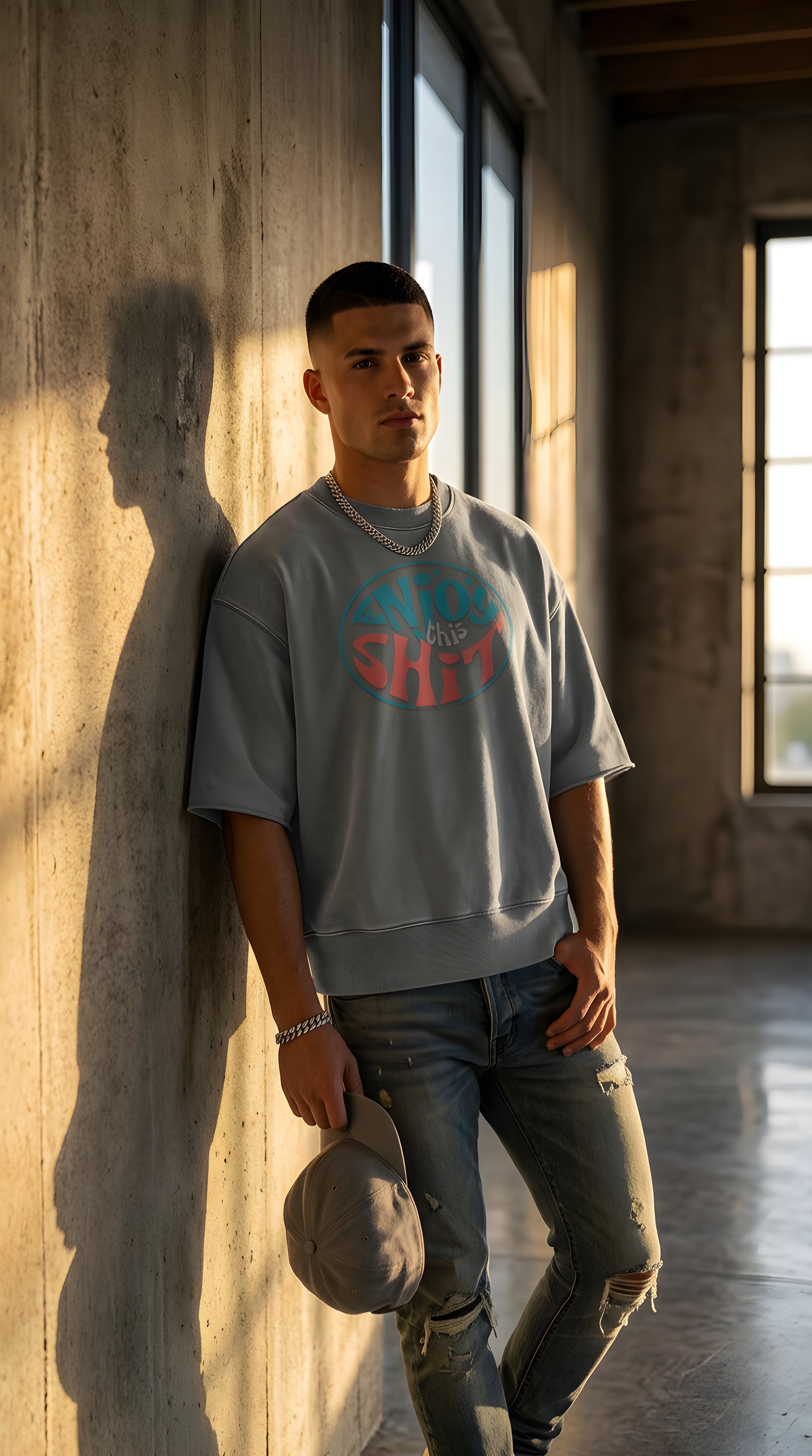 Mens 'ENJOY THIS SHIT' Mineral Wash Boxy Raw Edge Shirt