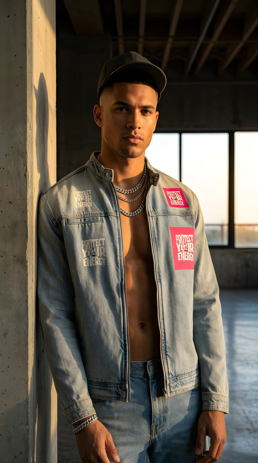 Mens 'PROTECT YOUR ENERGY"  Vintage Wash Zip Denim Jacket