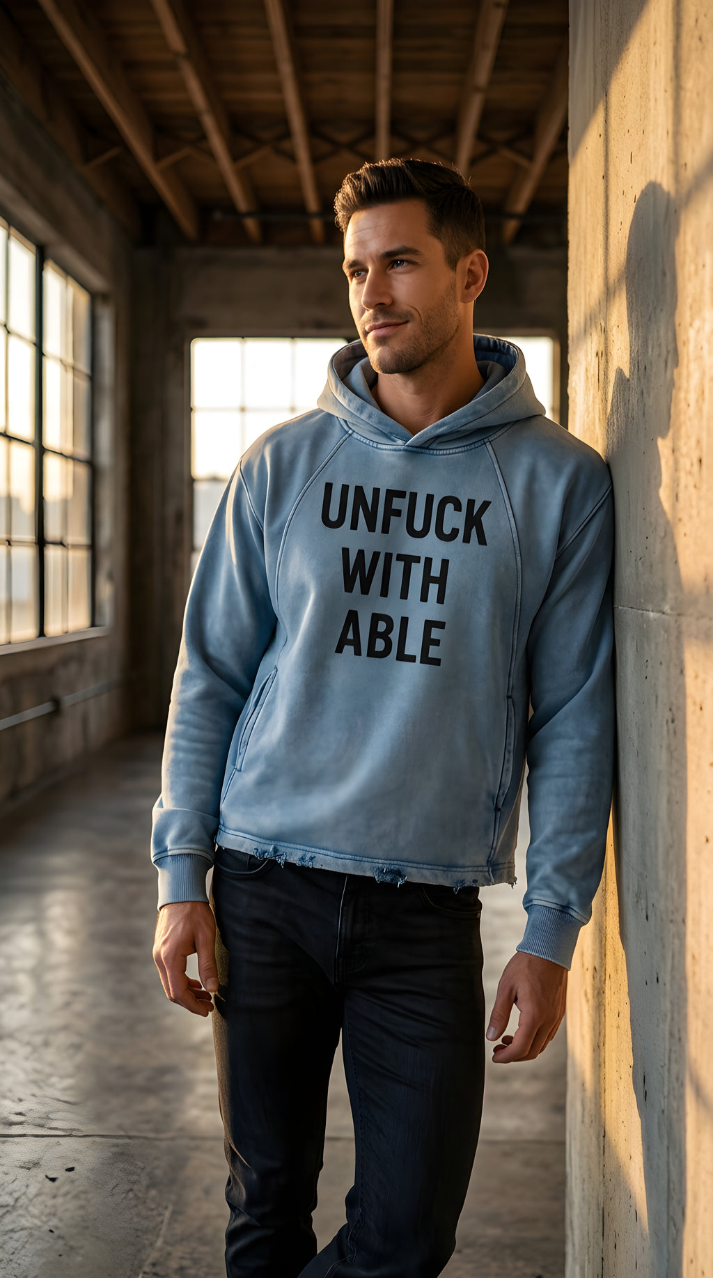 Mens 'UNFUCKWITHABLE' Vintage Washed Frayed-Hem Hoodie