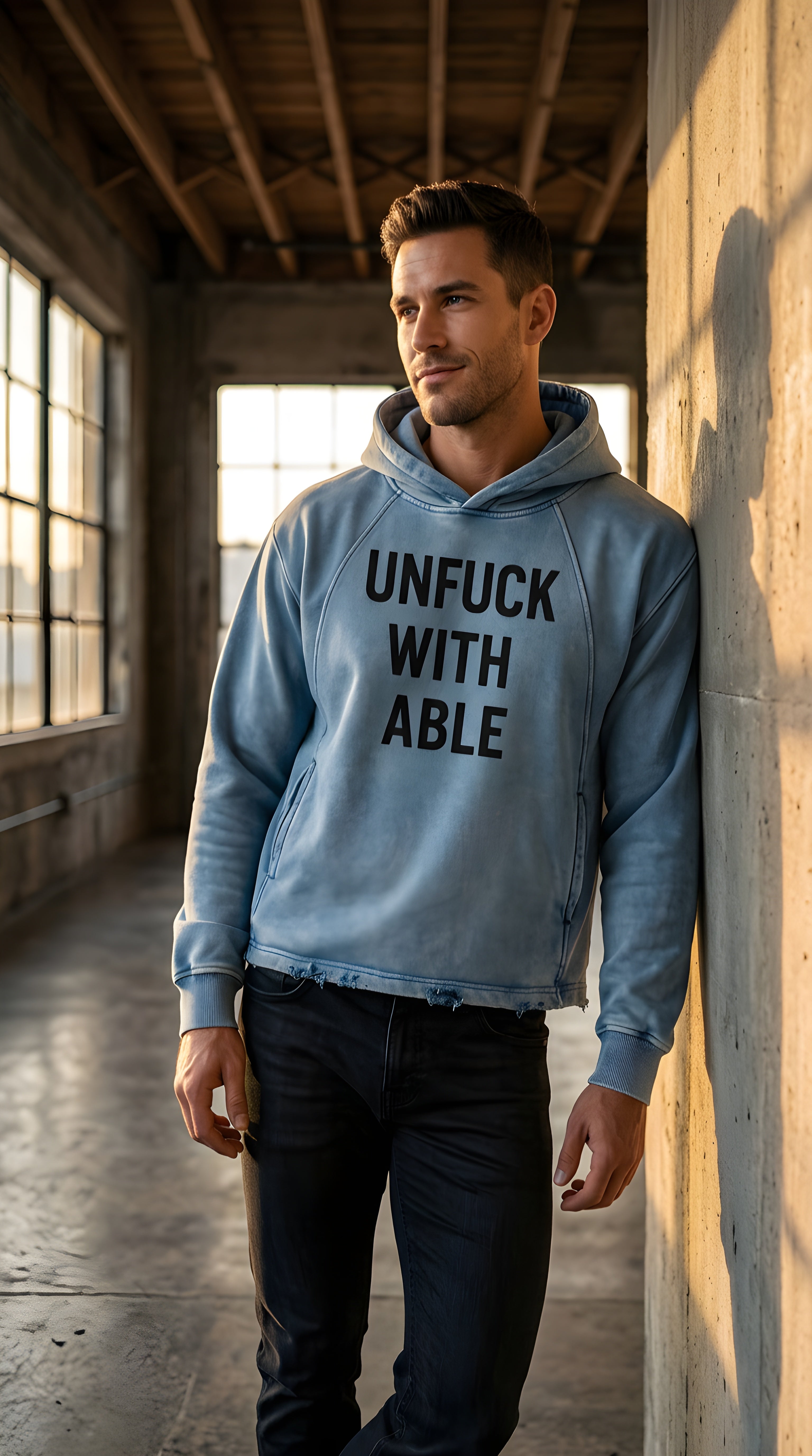 Mens 'UNFUCKWITHABLE' Vintage Washed Frayed-Hem Hoodie
