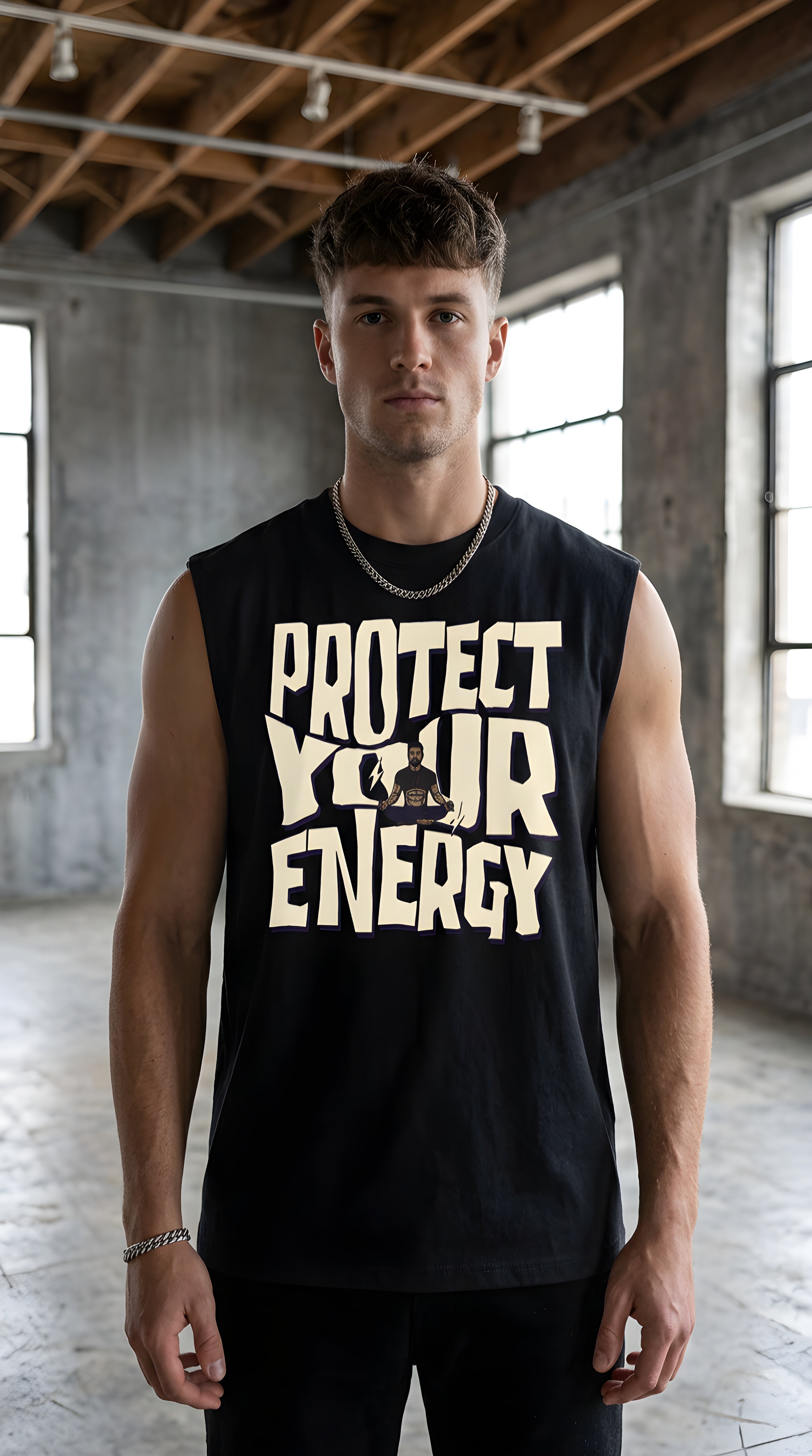 Mens 'PROTECT YOUR ENERGY' Raw Edge Cotton Tank