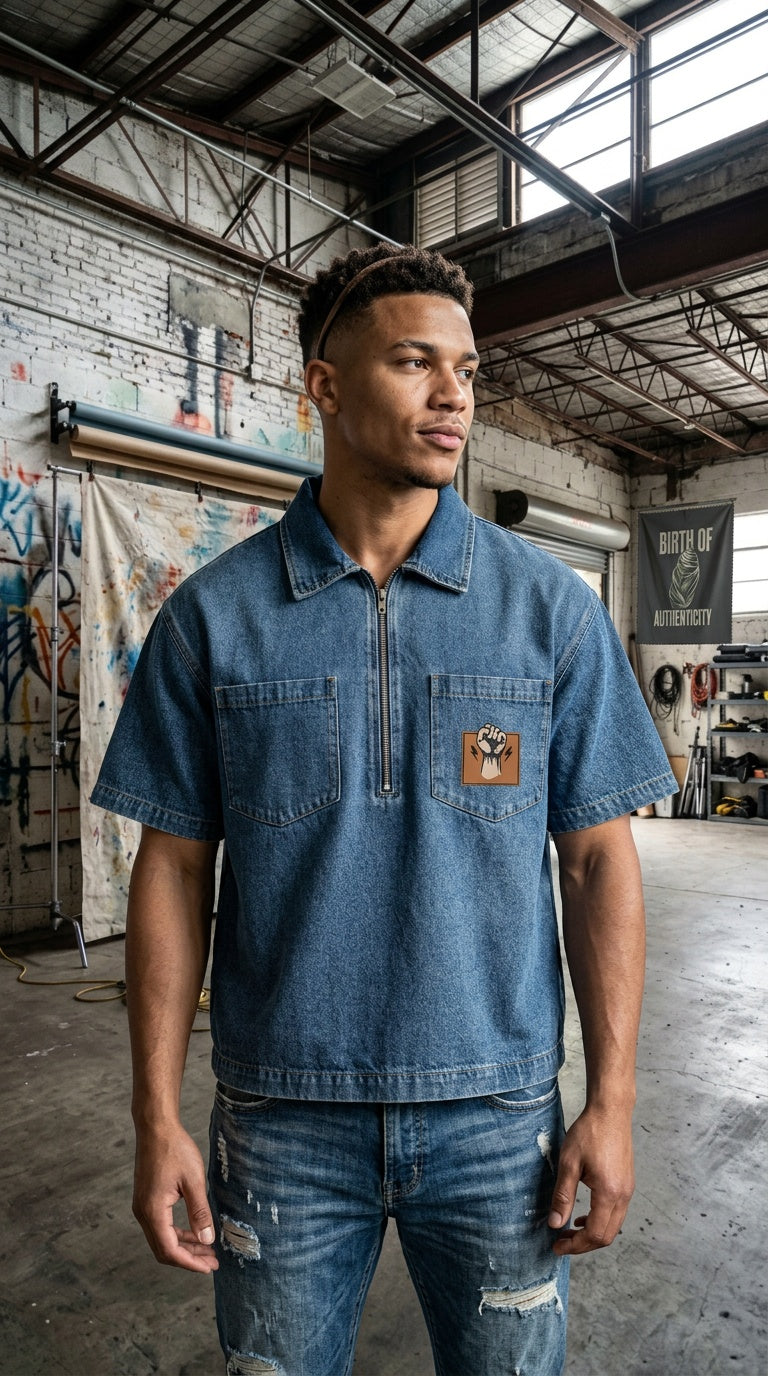 Mens 'POWER"  Vintage Wash Boxy Quarter-Zip Denim Shirt