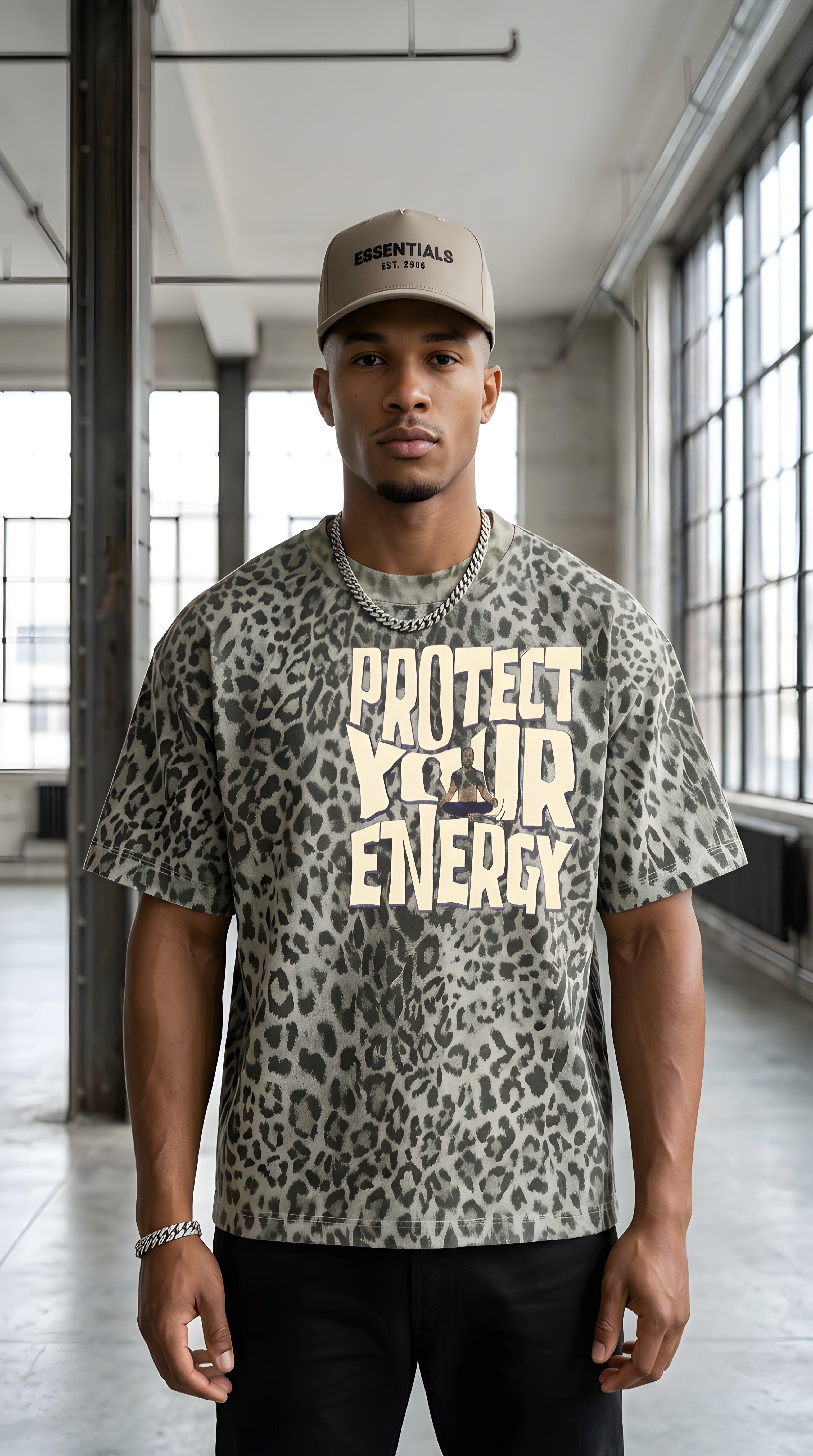 Mens  'PROTECT YOUR ENERGY" Leopard Print Boxy Tee