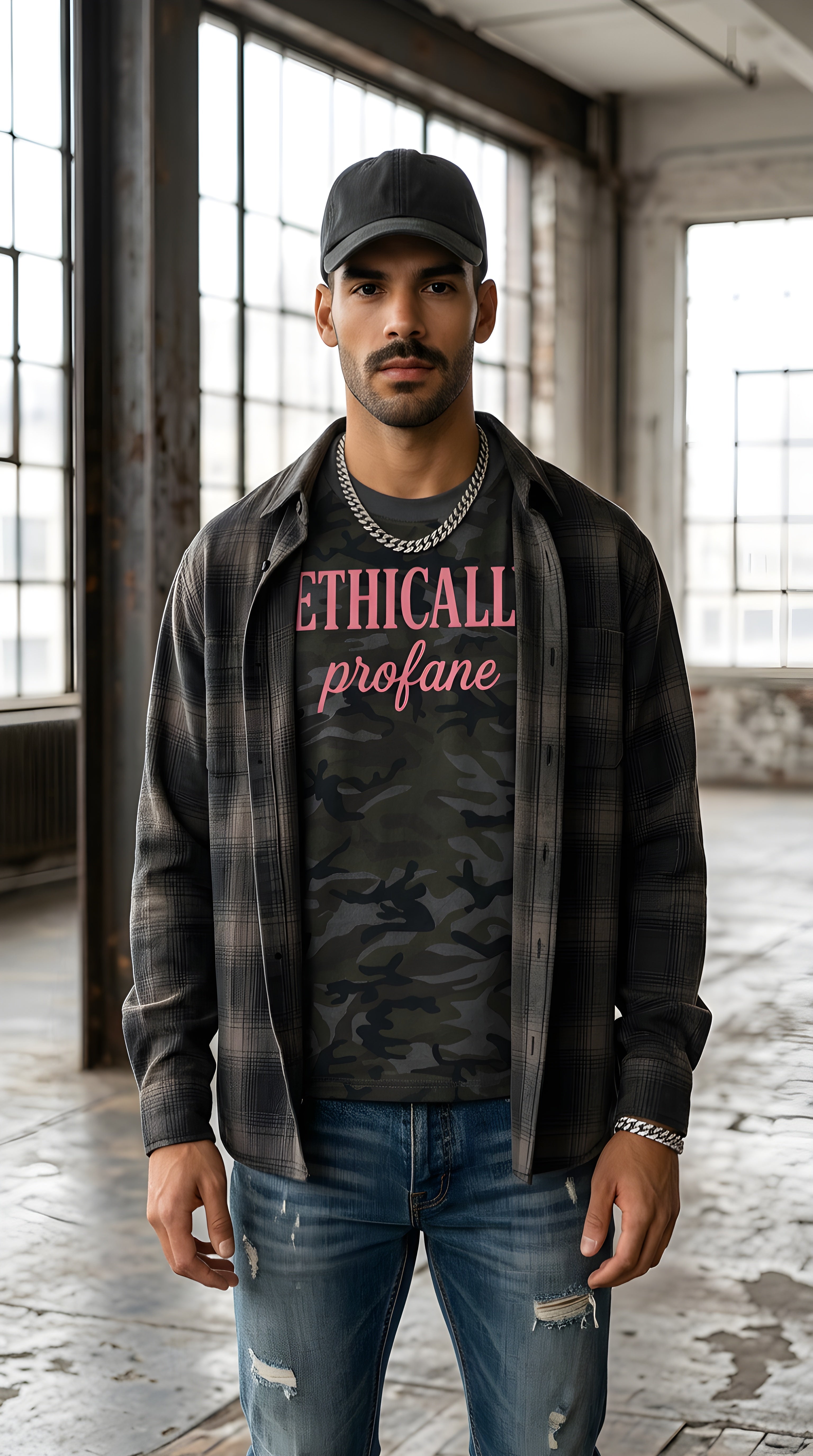 Mens 'ETHICALLY PROFANE' Camo Boxy Tee