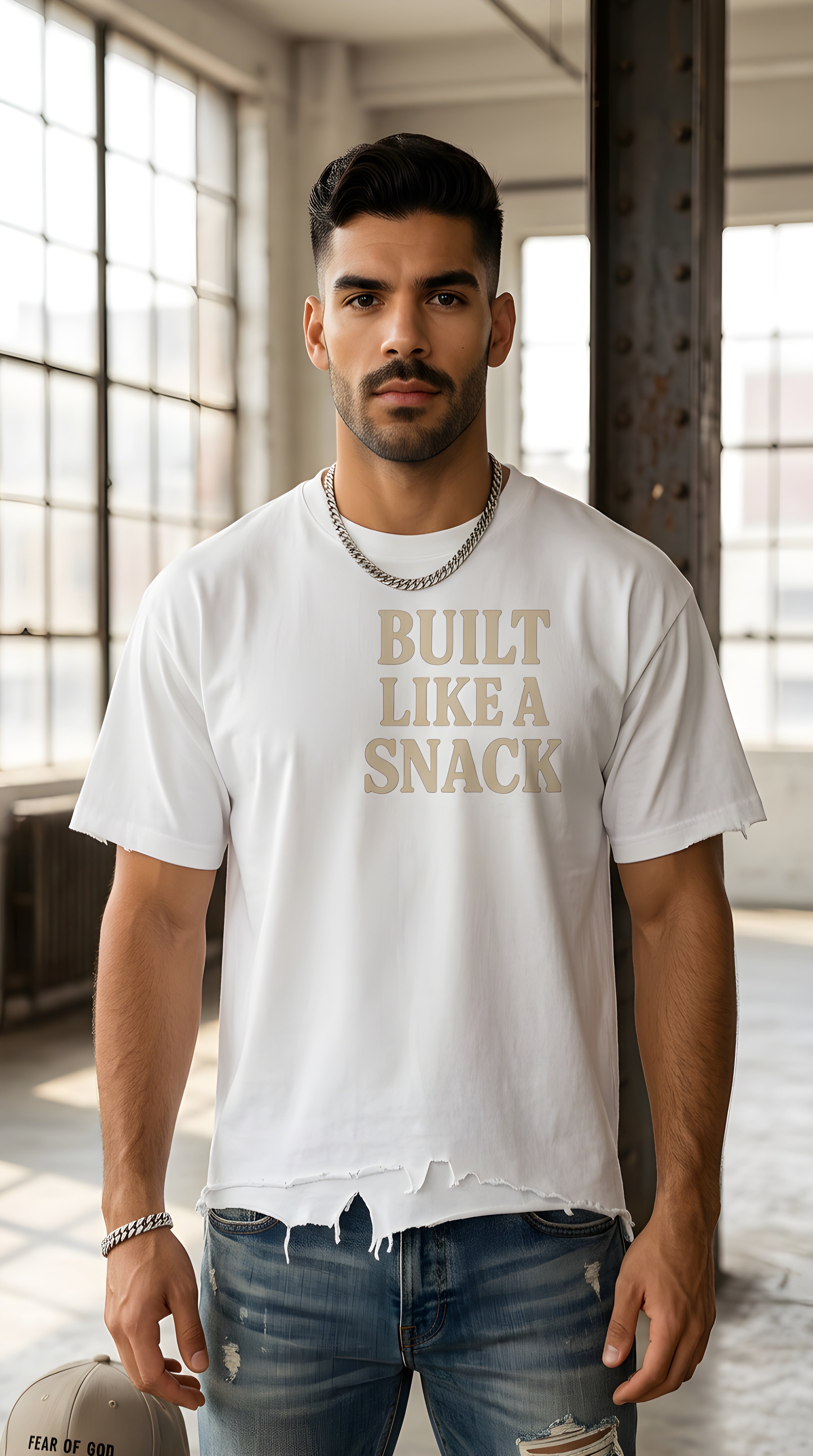 Mens 'LIKE A SNACK' Vintage Wash Boxy Distressed Hem Tee
