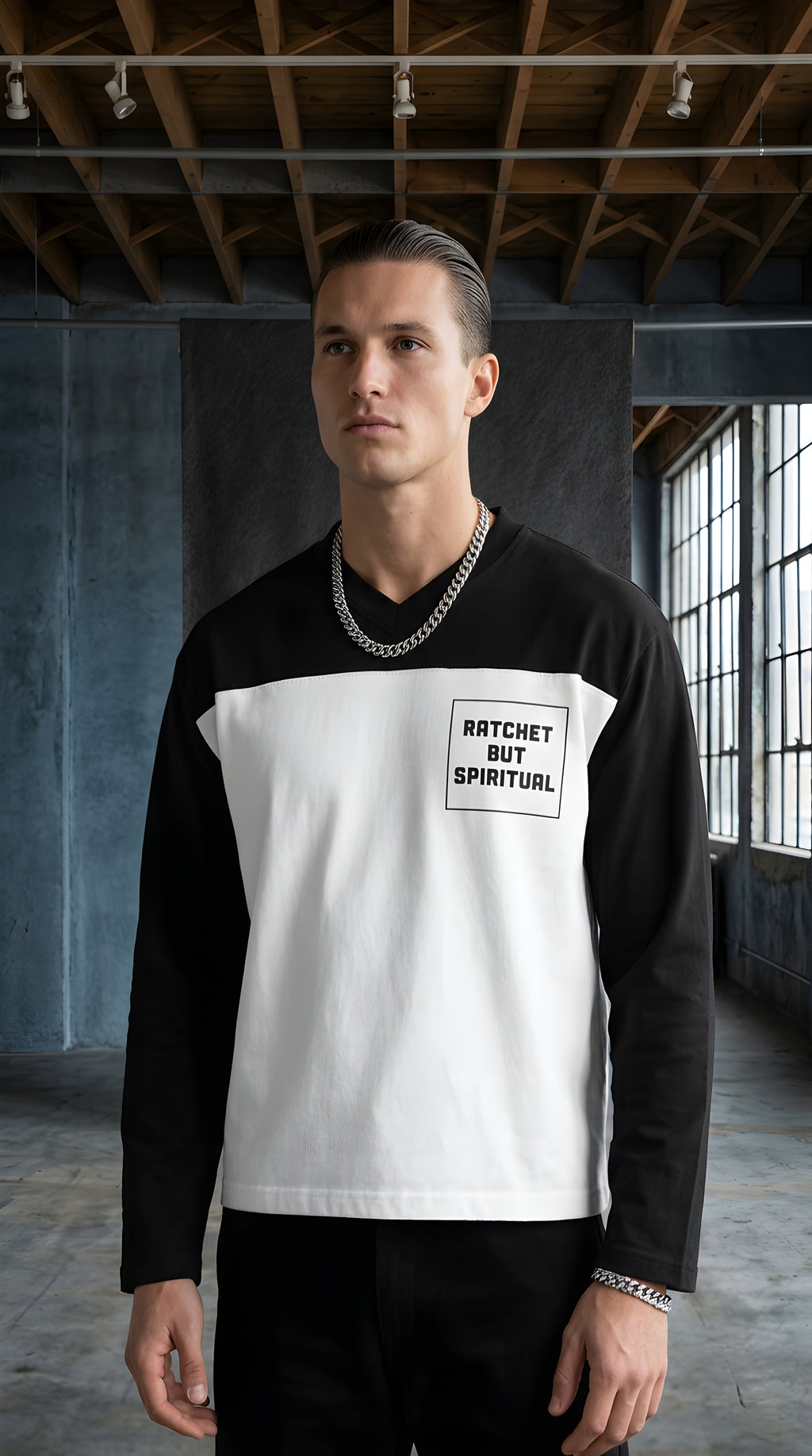 Mens 'RATCHET BUT SPIRITUAL' Sun Fade Color-Block Tee