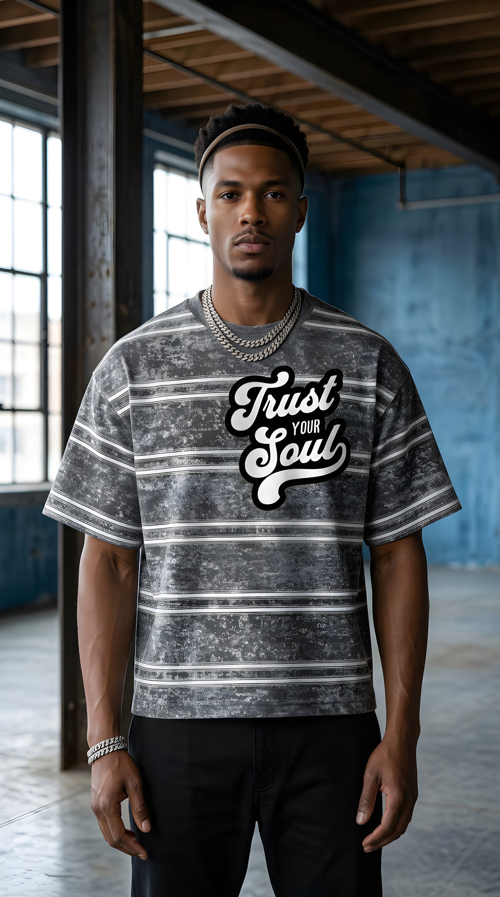 Mens 'TRUST YOUR SOUL" Snow Washed Striped Boxy Tee