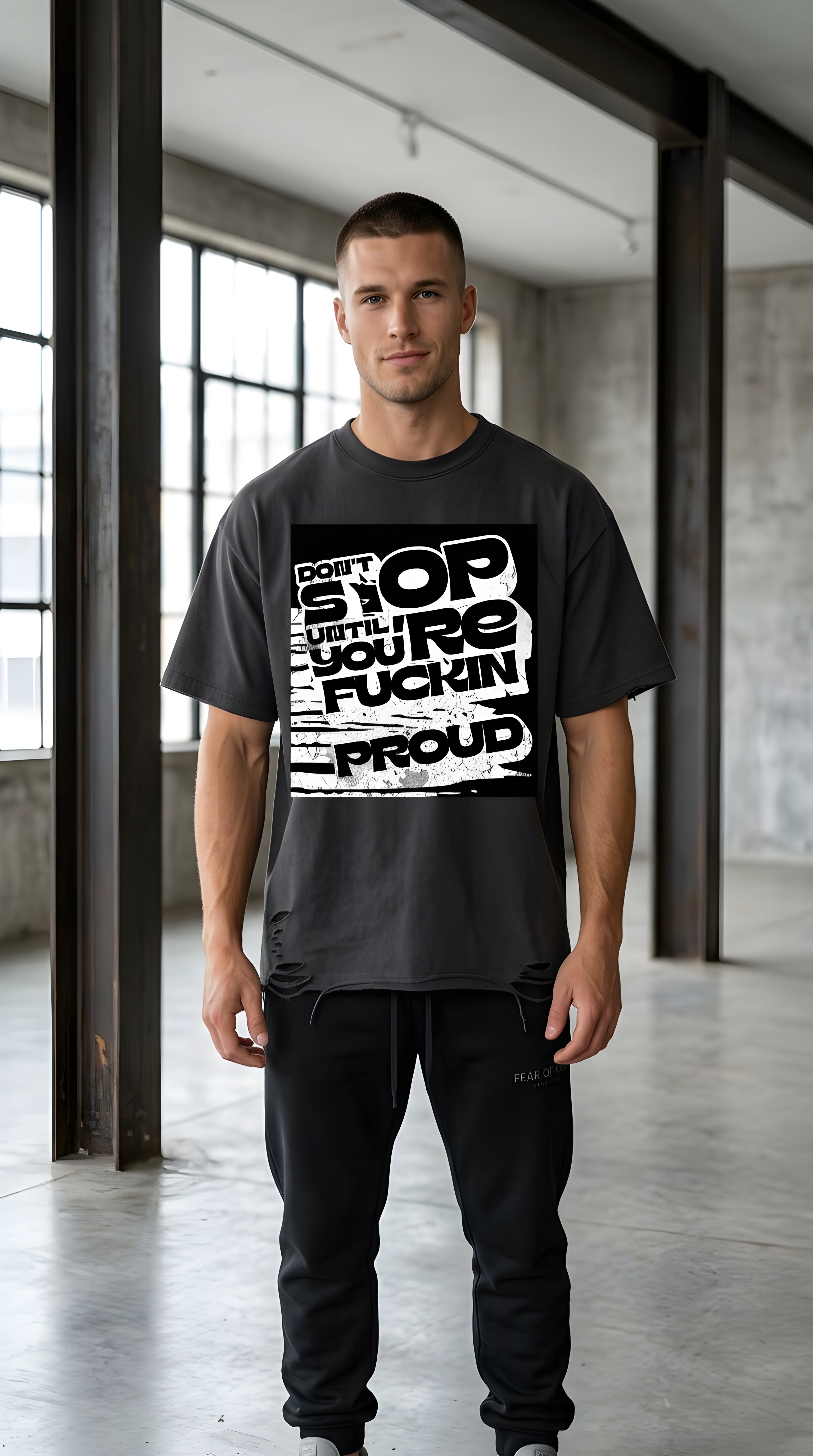 Mens 'STOP' Snow Washed Raw-Hem Tee