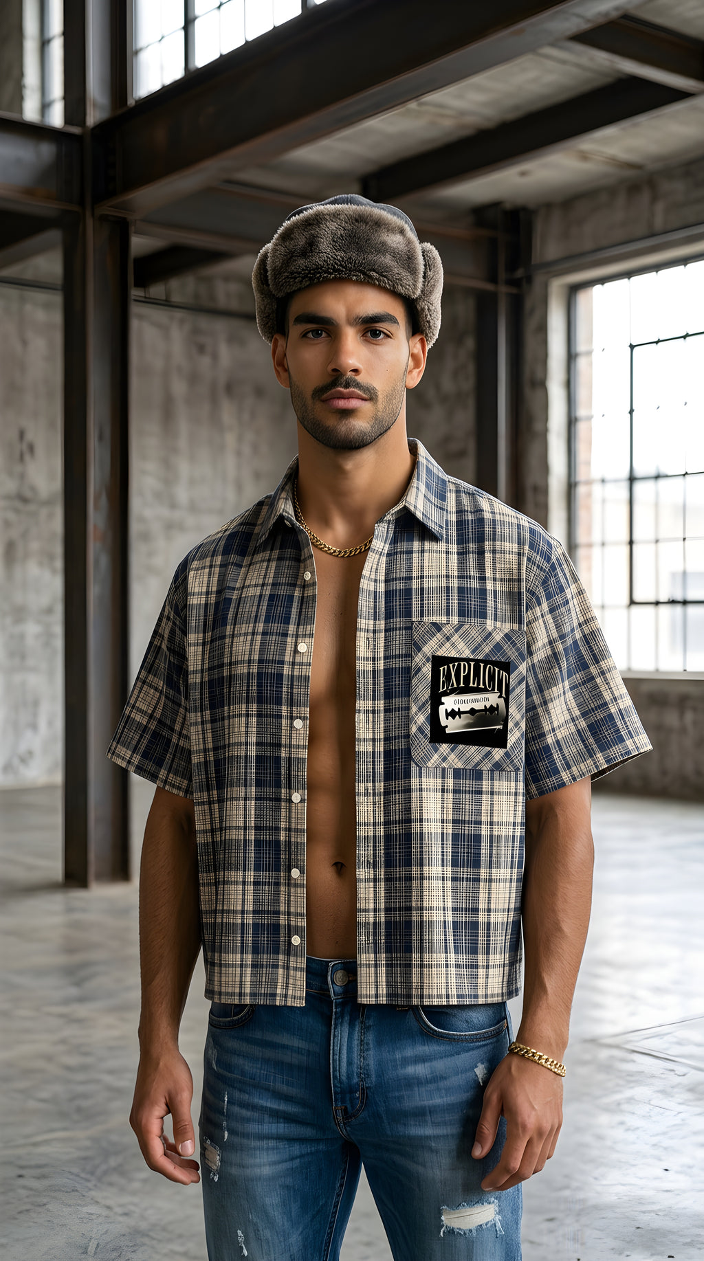 Mens 'EXPLICIT' Plaid Boxy Short Sleeve Shirt