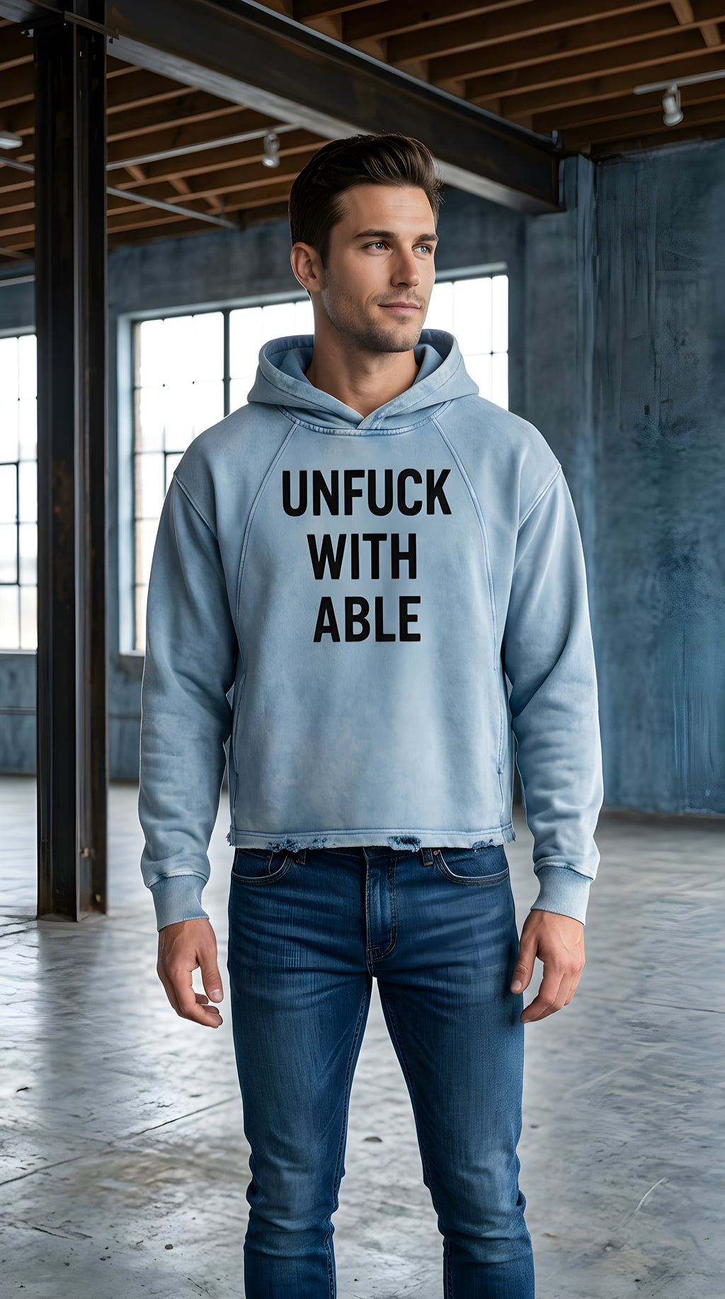 Mens 'UNFUCKWITHABLE' Vintage Washed Frayed-Hem Hoodie