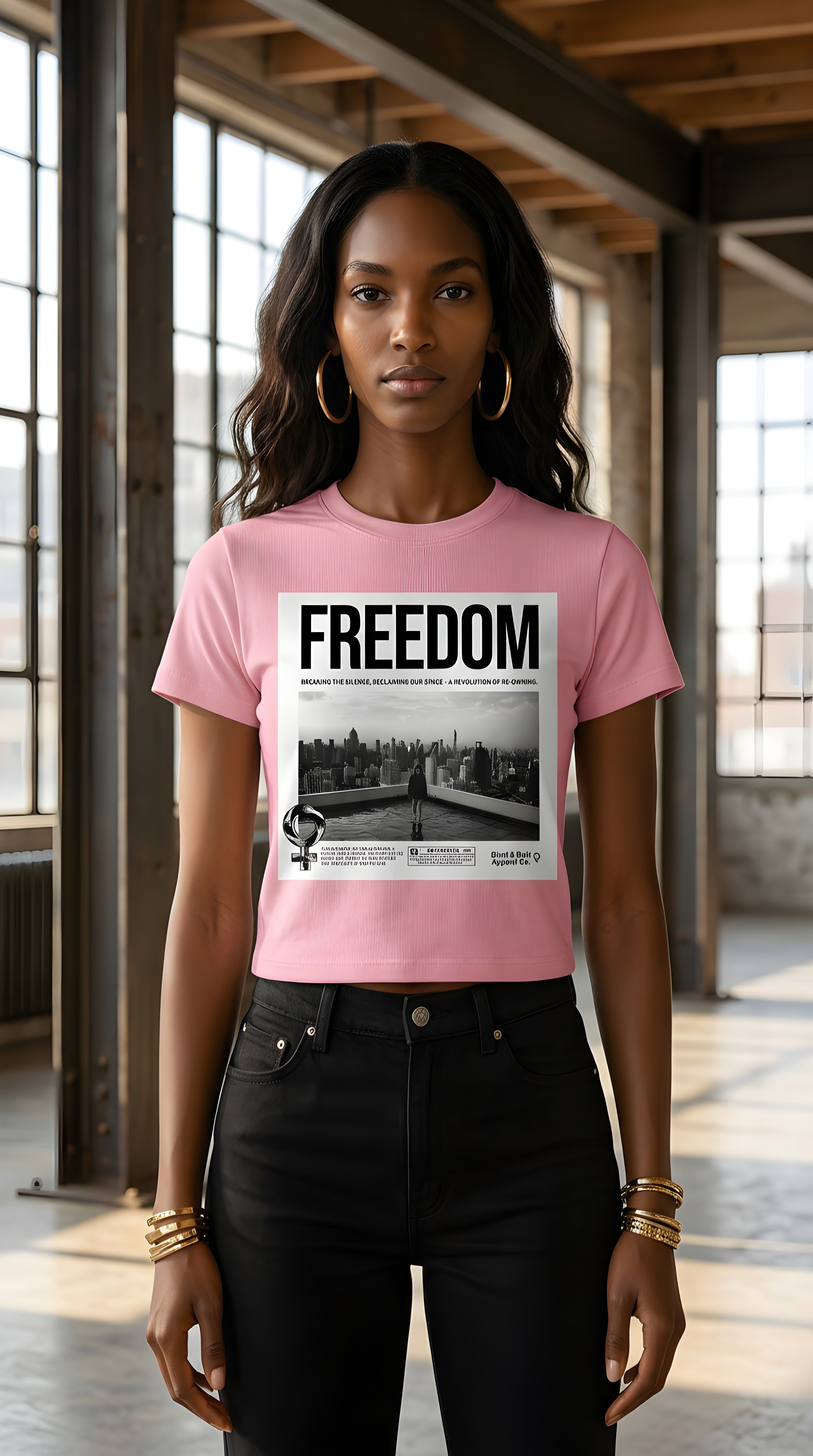 Womens 'FREEDOM" Essential Slim Fit Mock Neck Tee