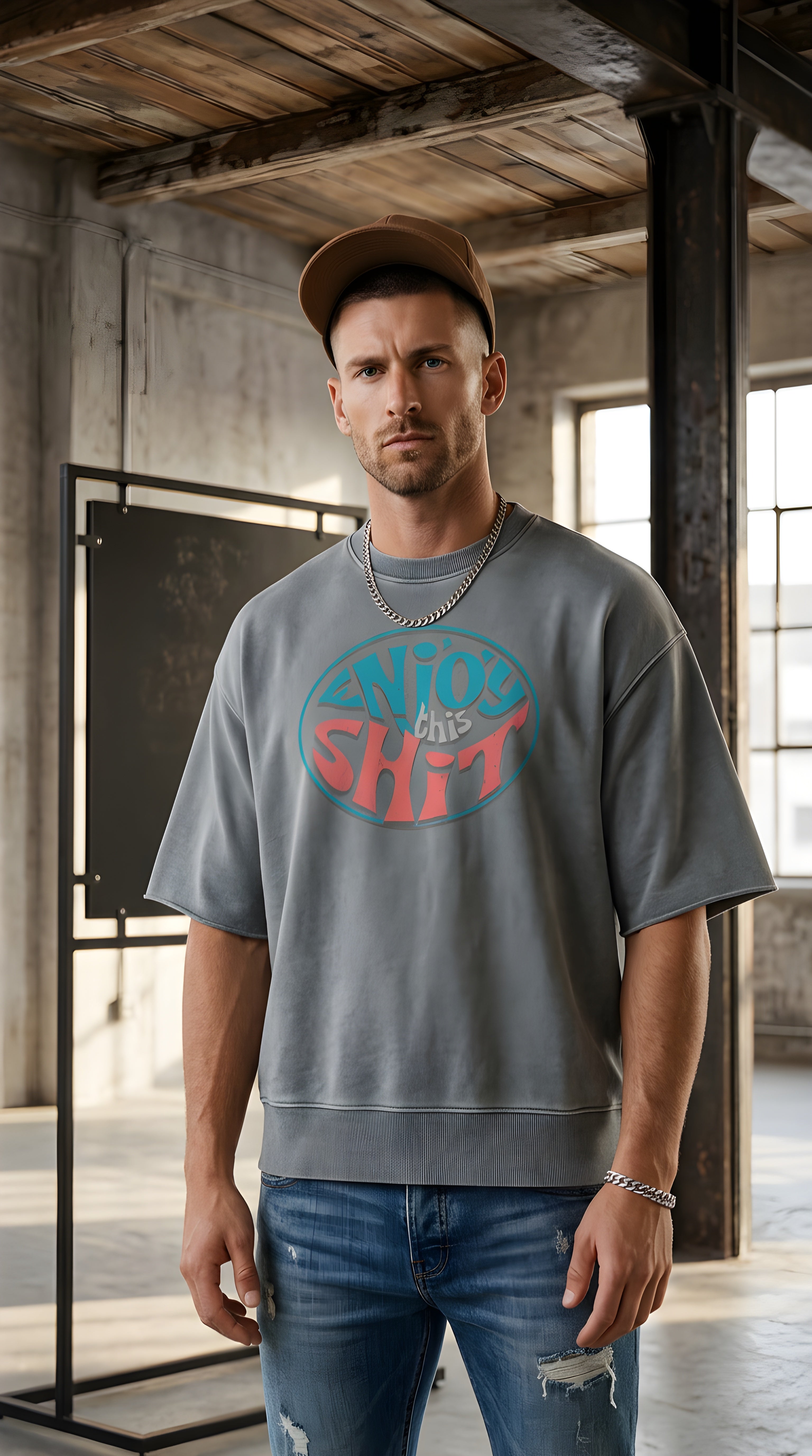 Mens 'ENJOY THIS SHIT' Mineral Wash Boxy Raw Edge Shirt