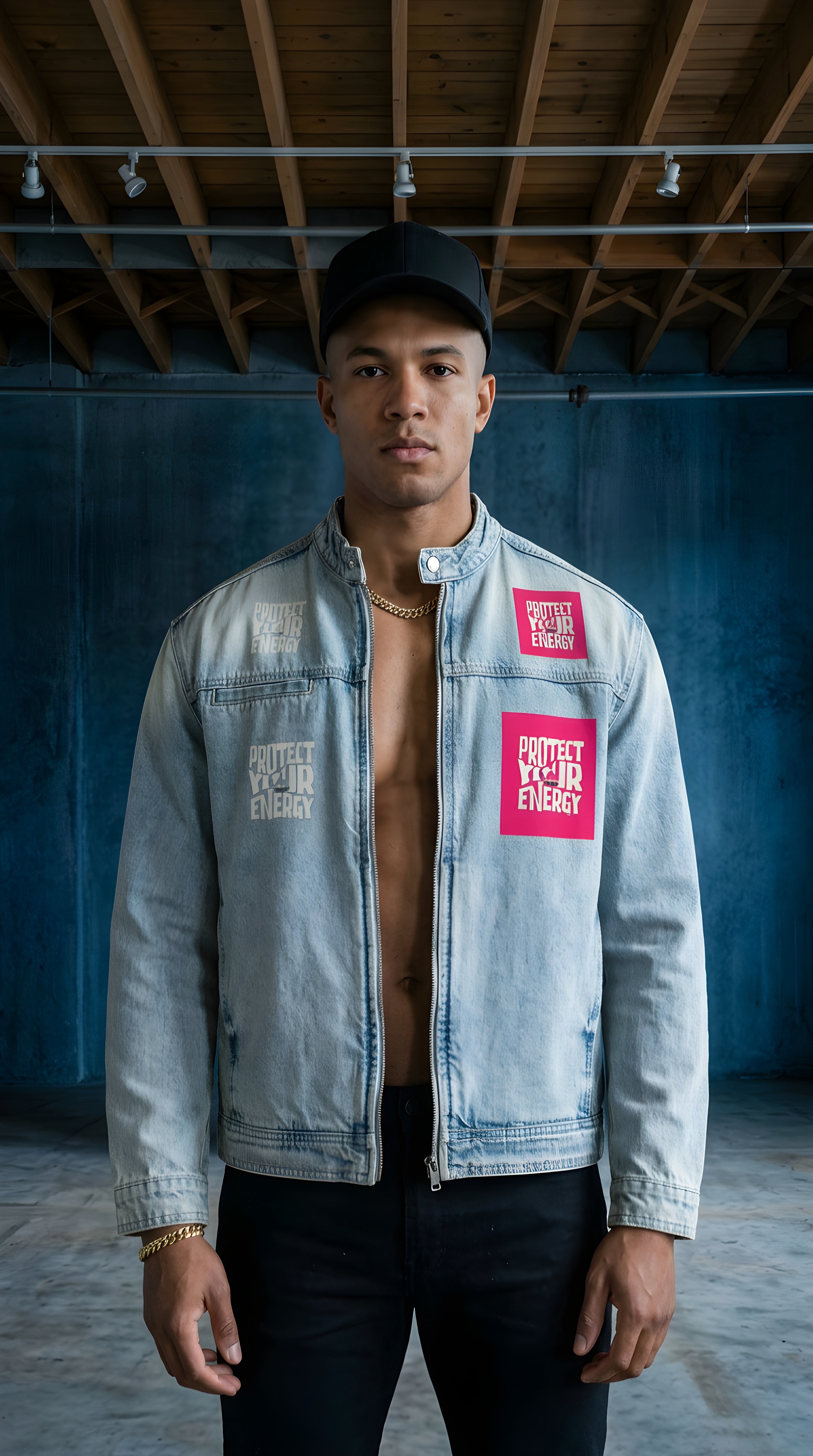 Mens 'PROTECT YOUR ENERGY"  Vintage Wash Zip Denim Jacket