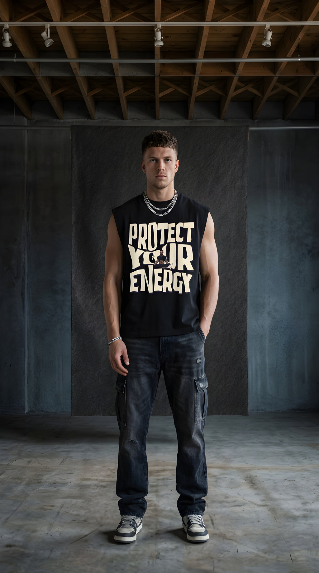 Mens 'PROTECT YOUR ENERGY' Raw Edge Cotton Tank