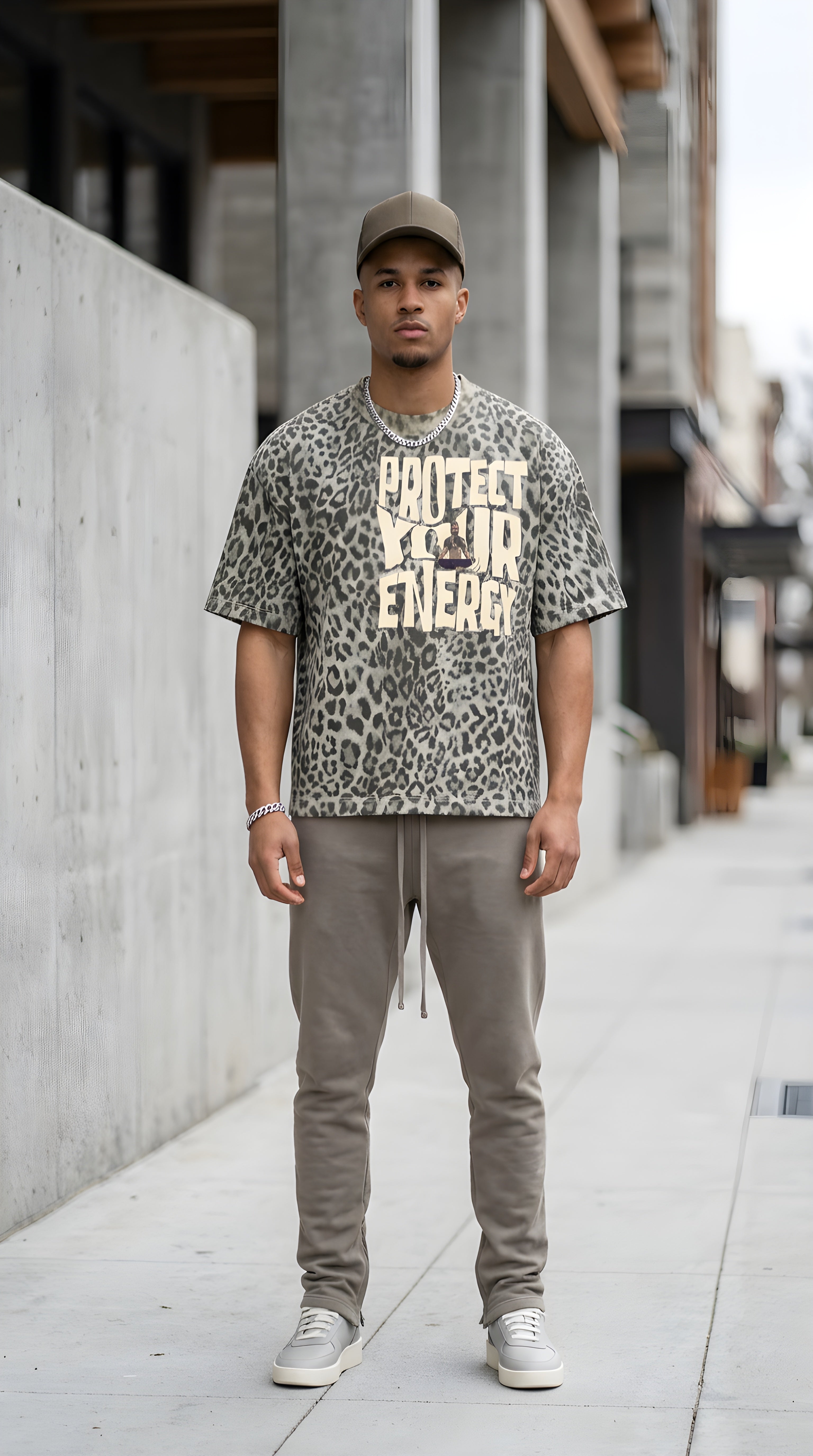 Mens  'PROTECT YOUR ENERGY" Leopard Print Boxy Tee