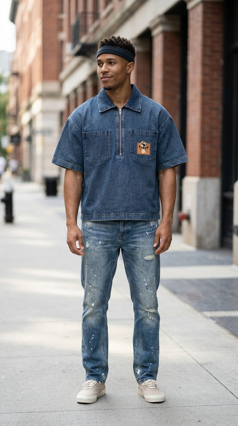 Mens 'POWER"  Vintage Wash Boxy Quarter-Zip Denim Shirt