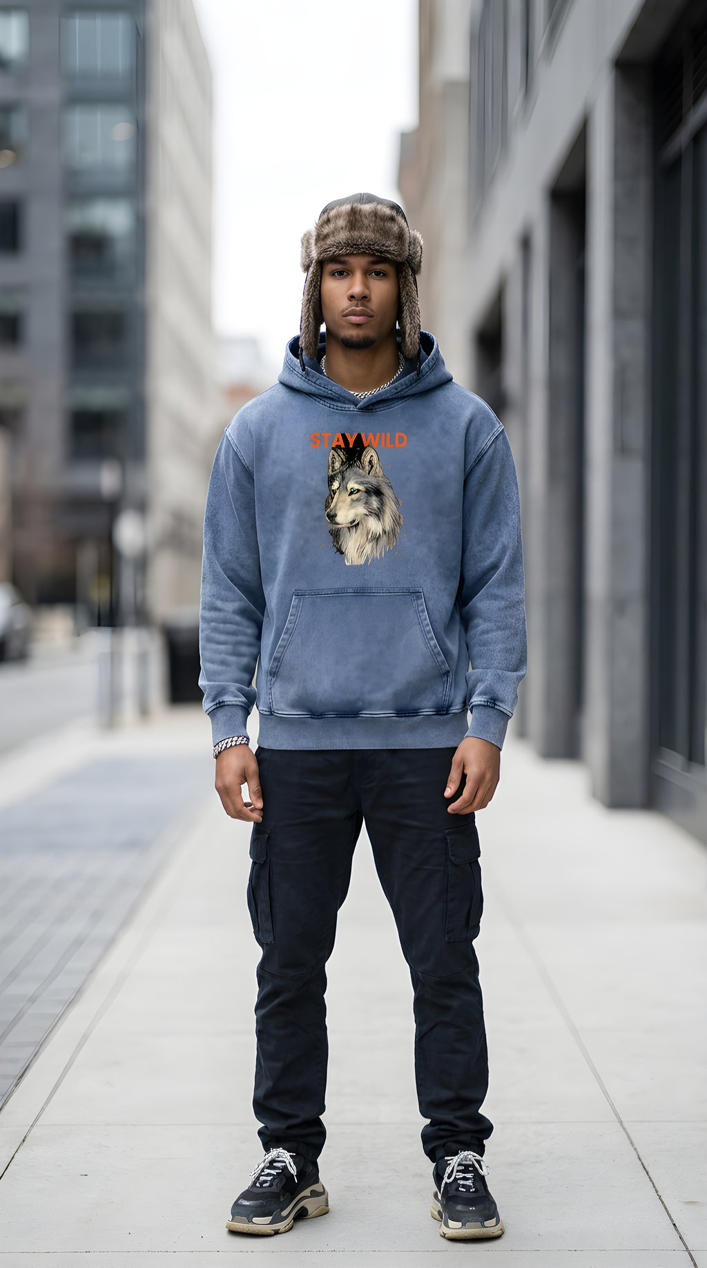 Mens 'STAY WILD" Snow Wash Oversized Hoodie