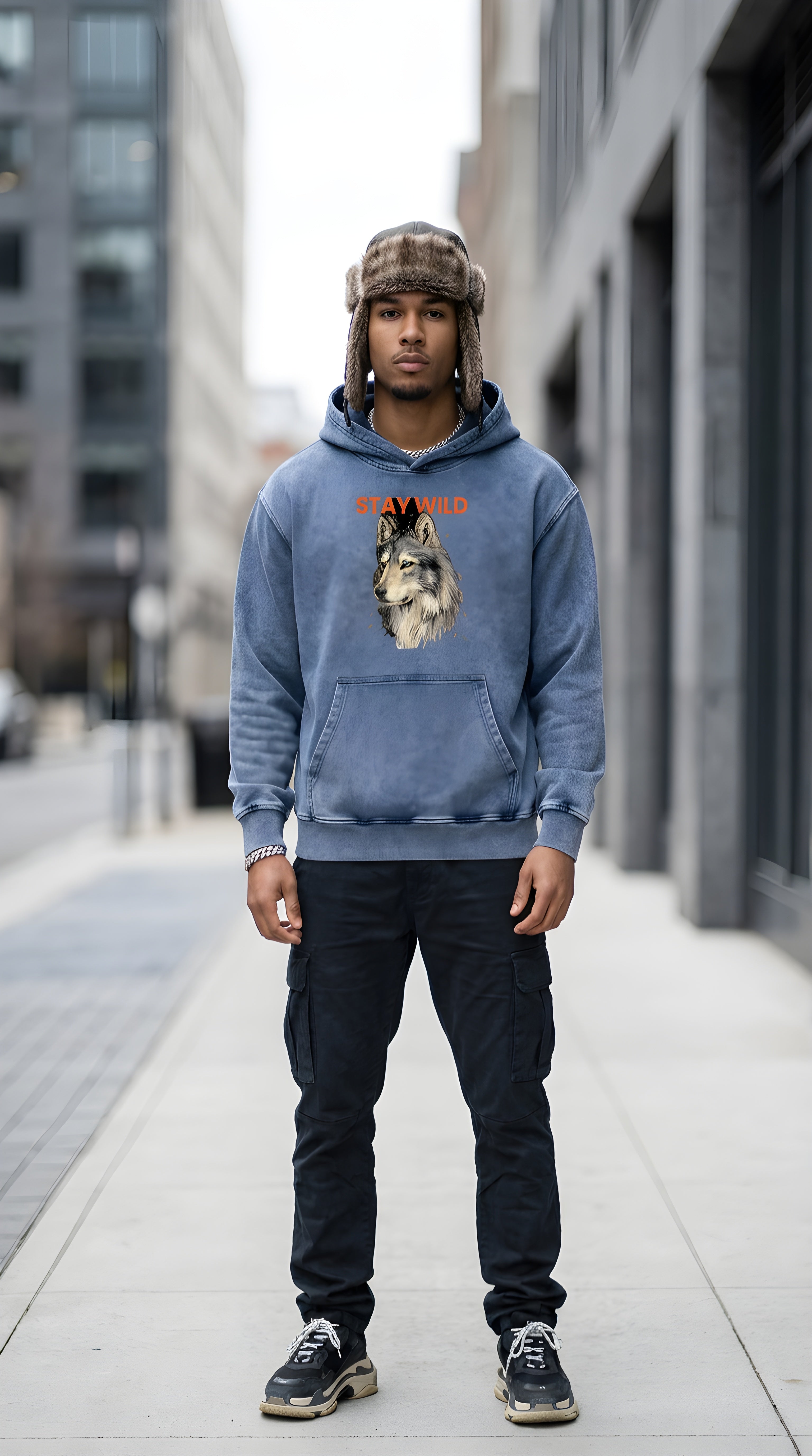 Mens 'STAY WILD" Snow Wash Oversized Hoodie