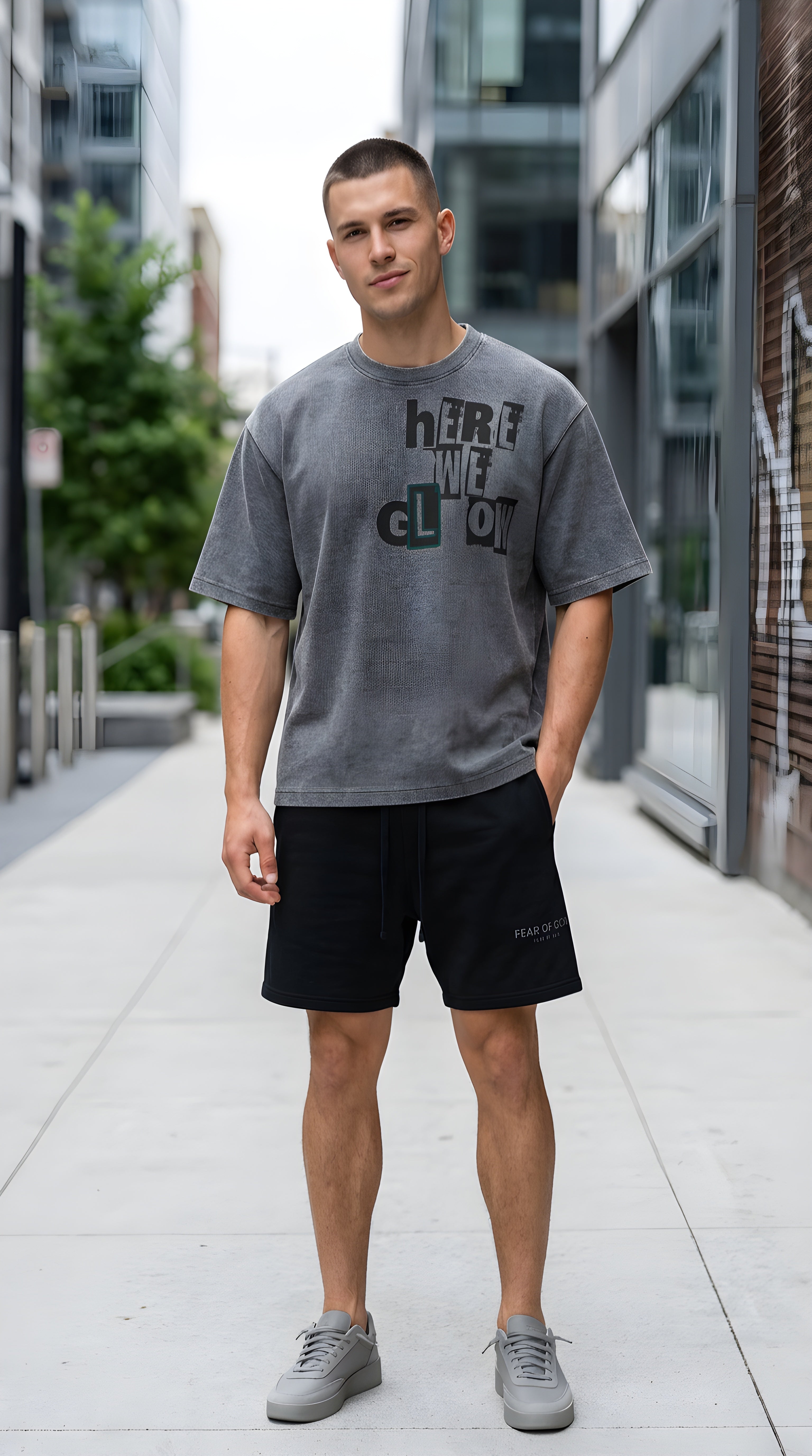 Mens 'HERE WE GLOW' Mineral Wash Waffle Boxy Tee