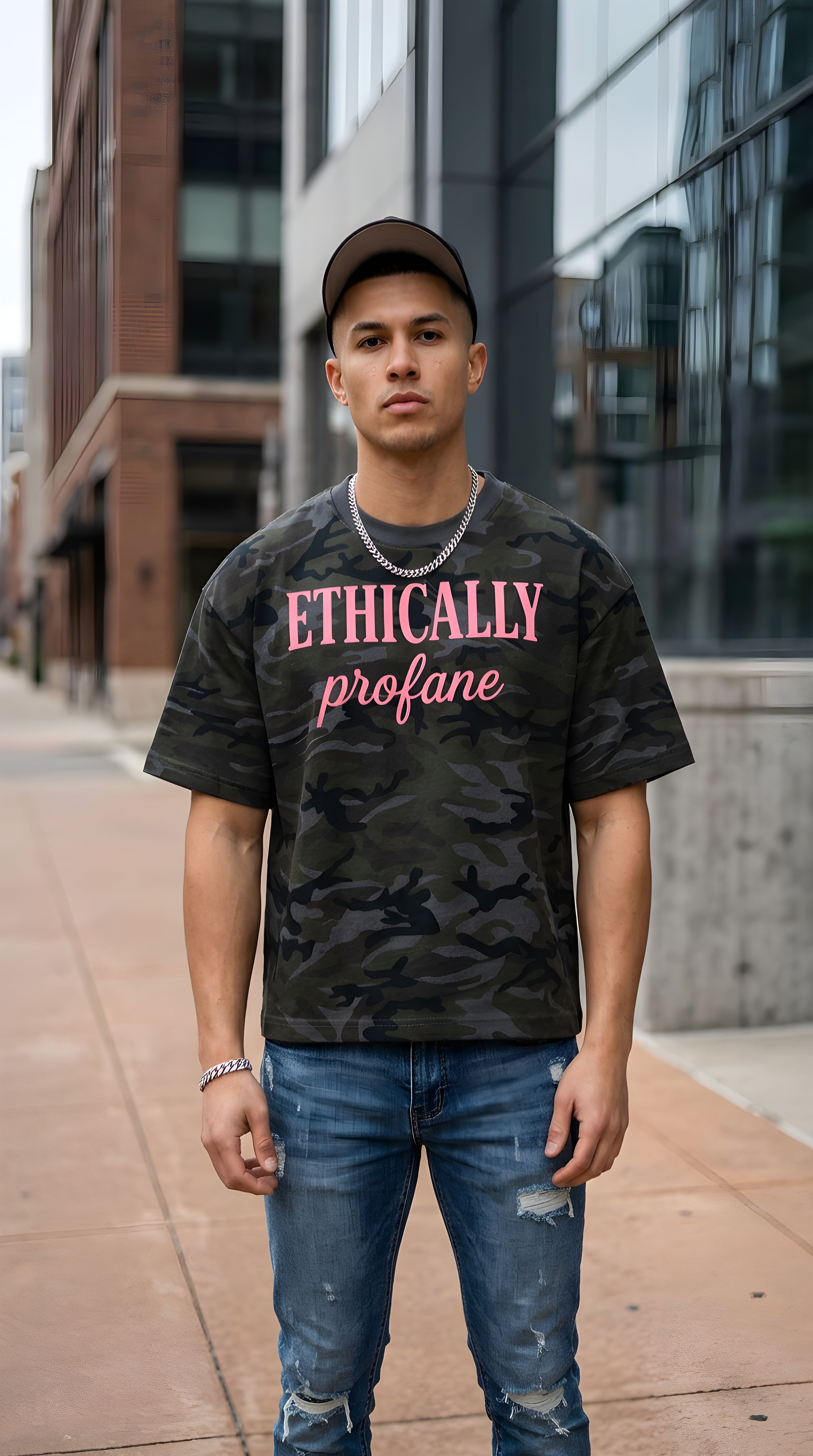 Mens 'ETHICALLY PROFANE' Camo Boxy Tee