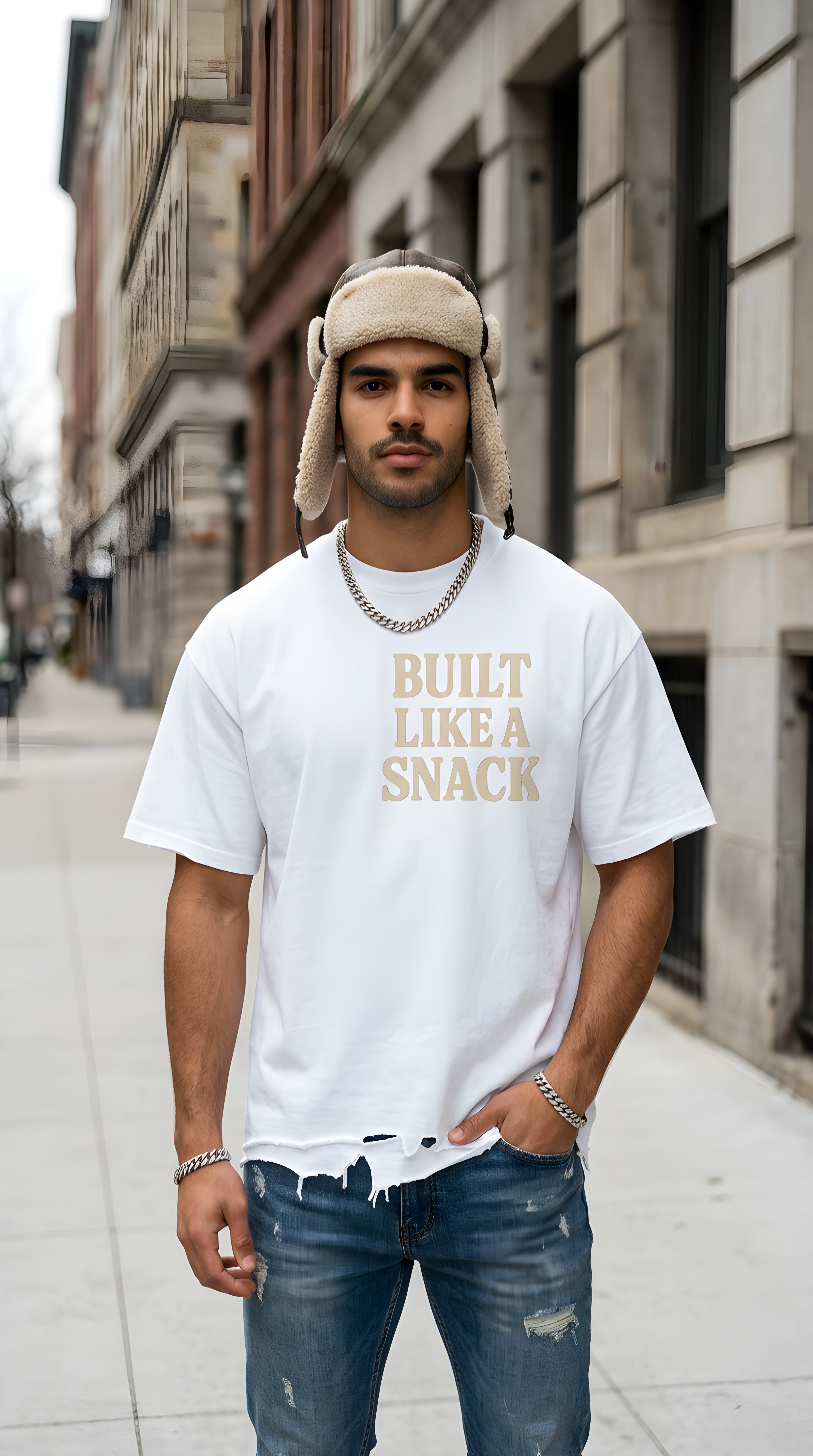 Mens 'LIKE A SNACK' Vintage Wash Boxy Distressed Hem Tee