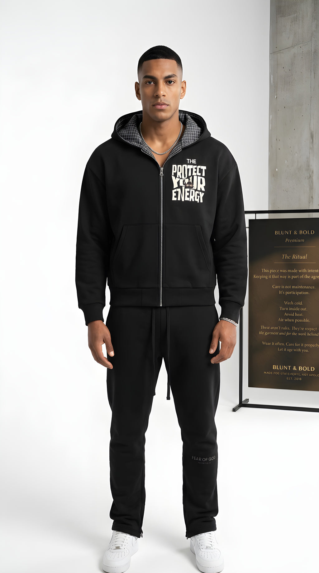 Mens 'PROTECT YOUR ENERGY' Contrast Plaid Boxy Zip Hoodie