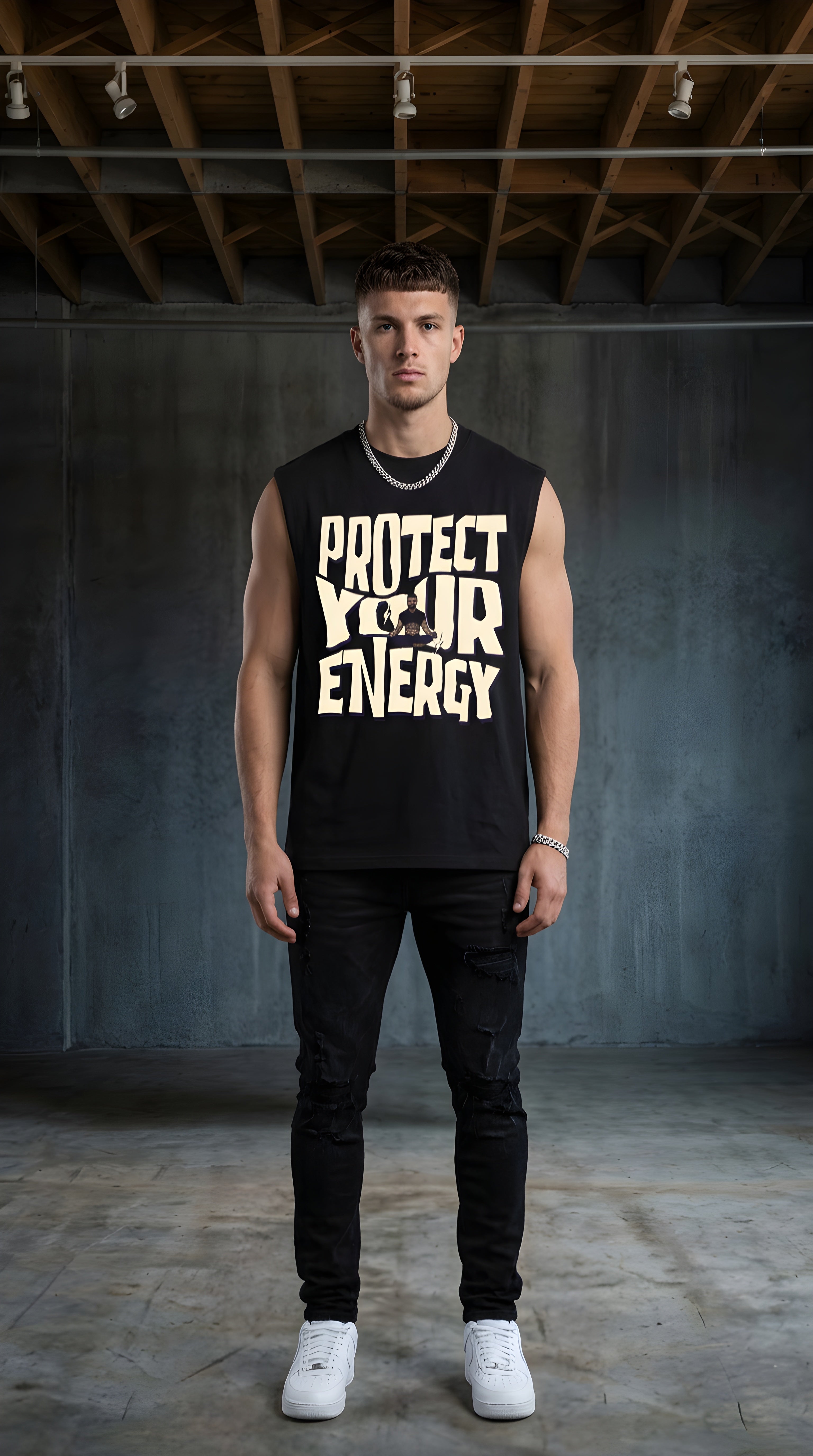 Mens 'PROTECT YOUR ENERGY' Raw Edge Cotton Tank