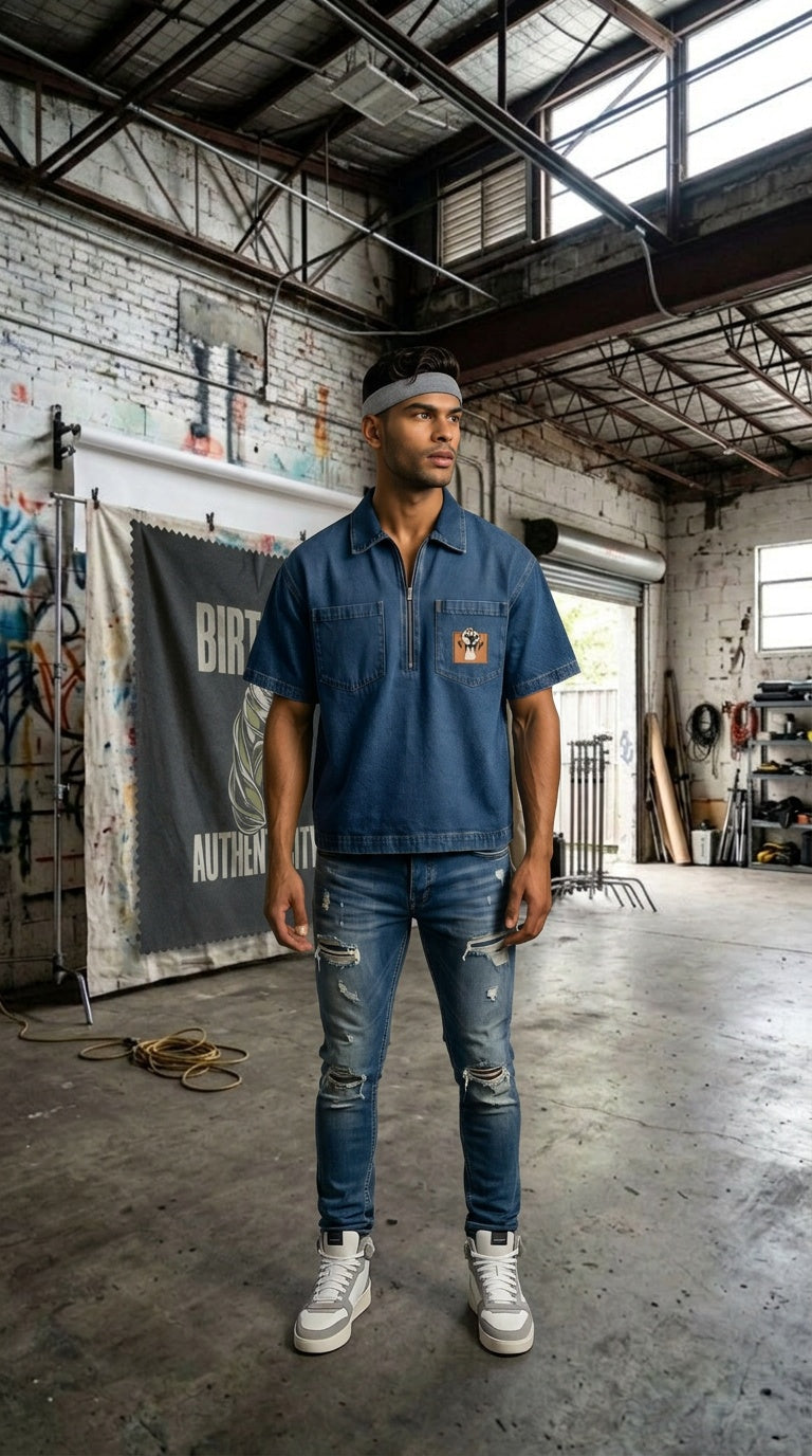 Mens 'POWER"  Vintage Wash Boxy Quarter-Zip Denim Shirt