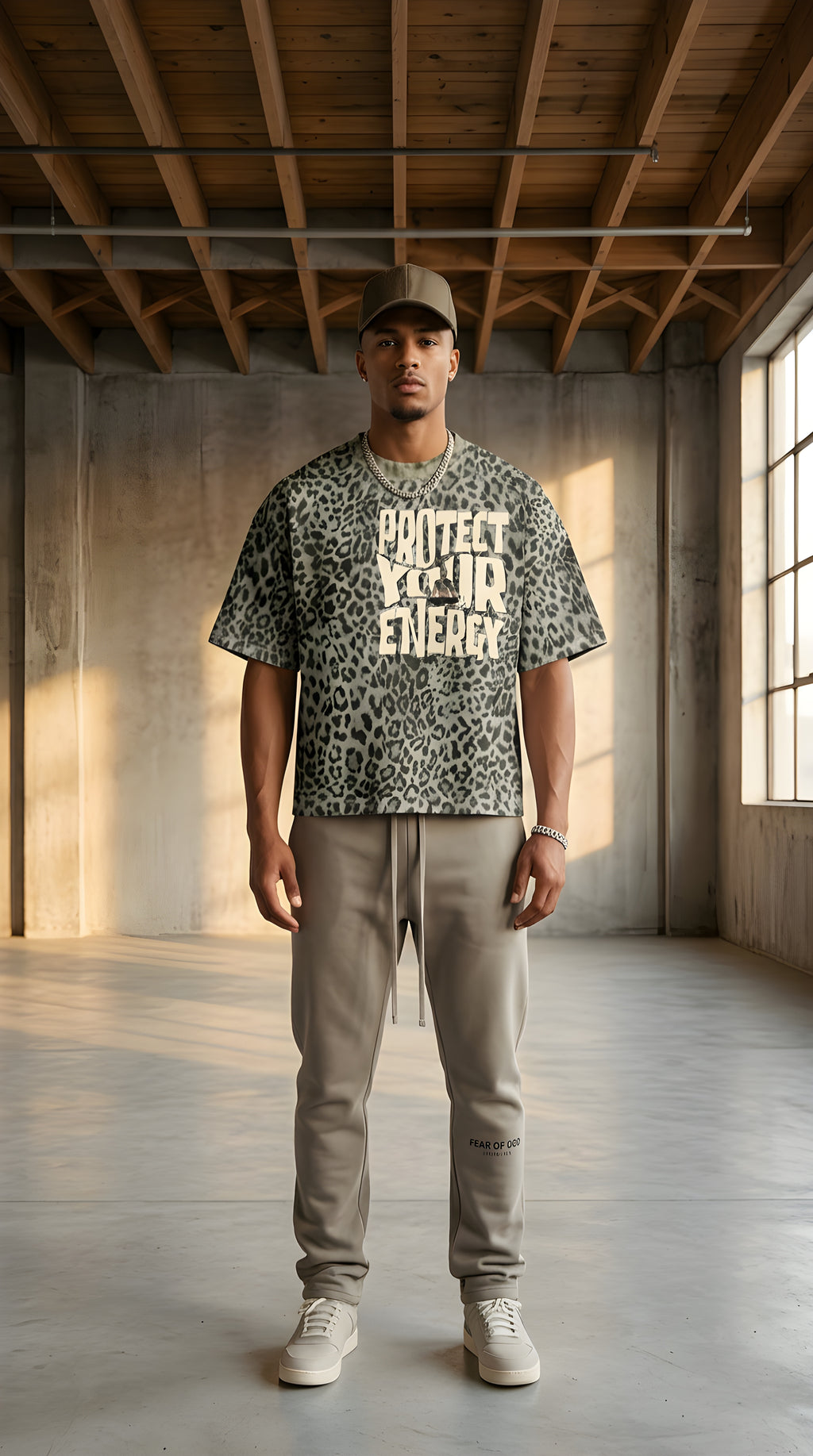 Mens  'PROTECT YOUR ENERGY" Leopard Print Boxy Tee