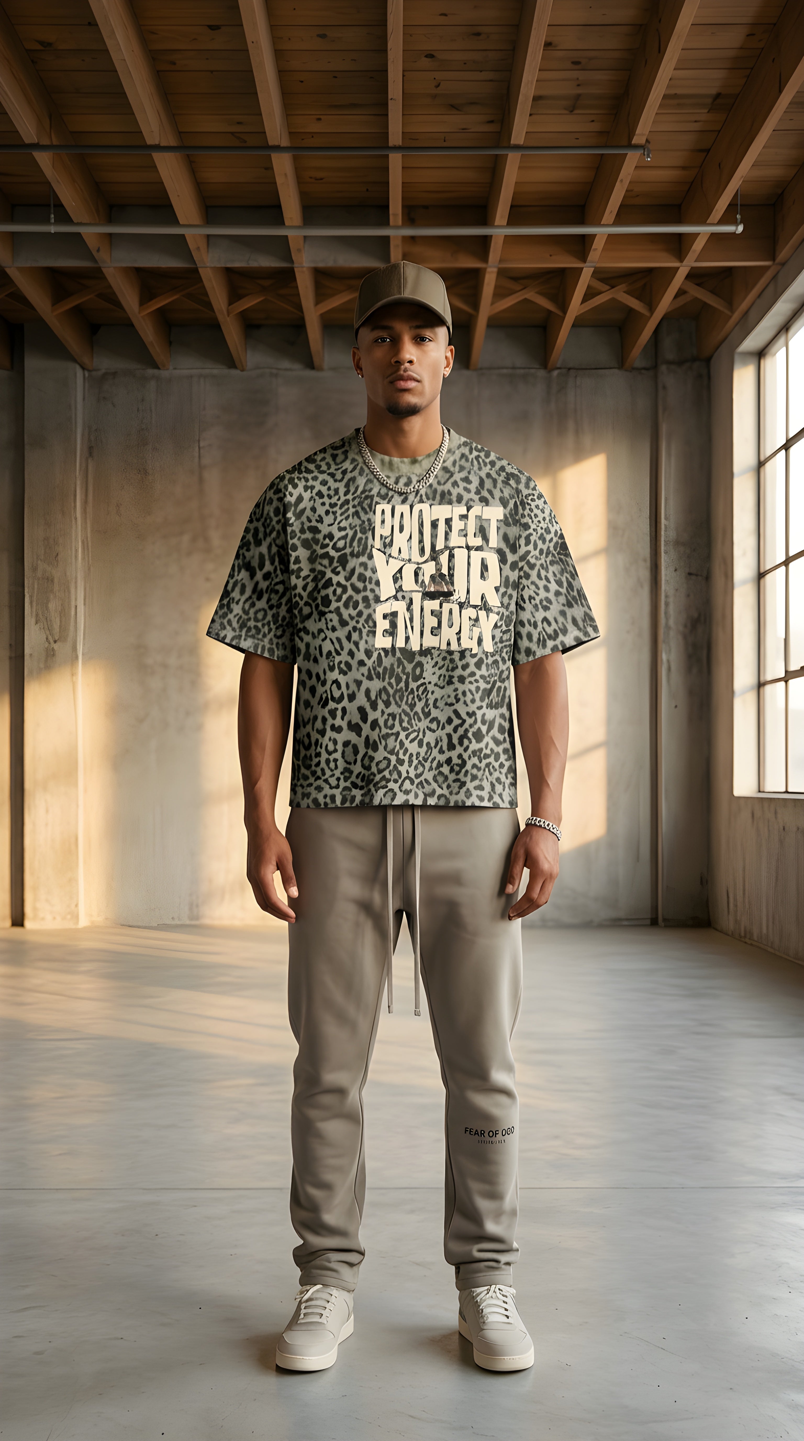 Mens  'PROTECT YOUR ENERGY" Leopard Print Boxy Tee