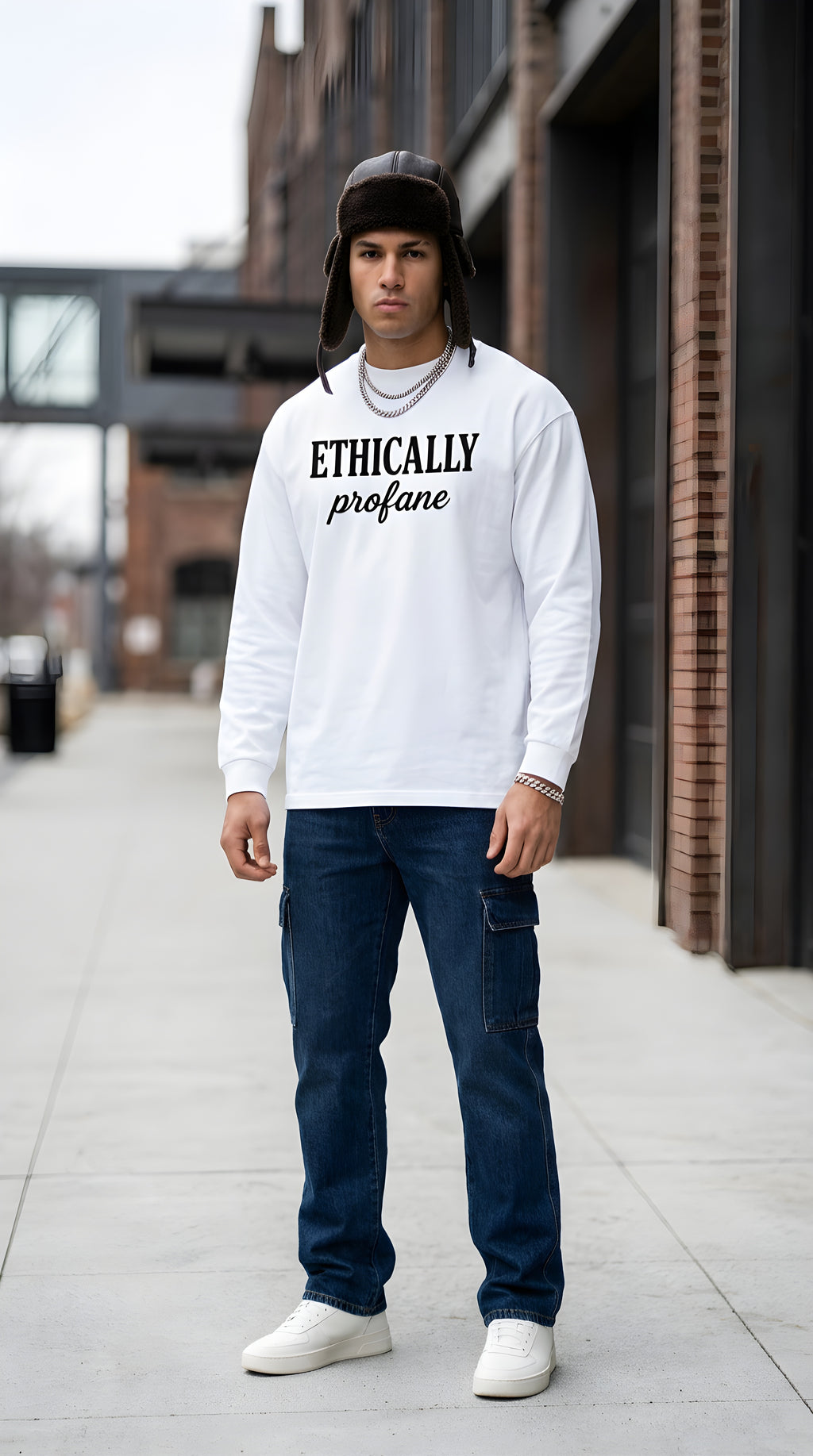 Mens 'ETHICALLY PROFANE" Crew Neck Drop Shoulder Long Sleeve Shirt