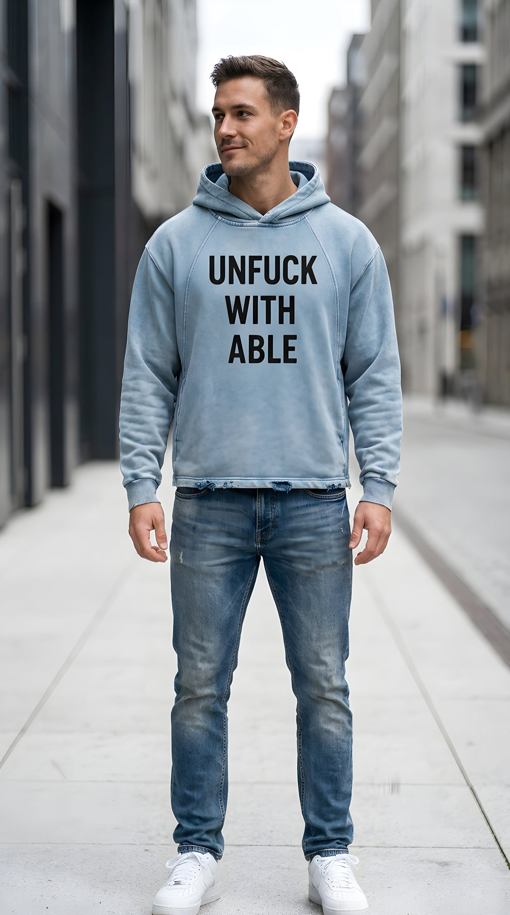 Mens 'UNFUCKWITHABLE' Vintage Washed Frayed-Hem Hoodie