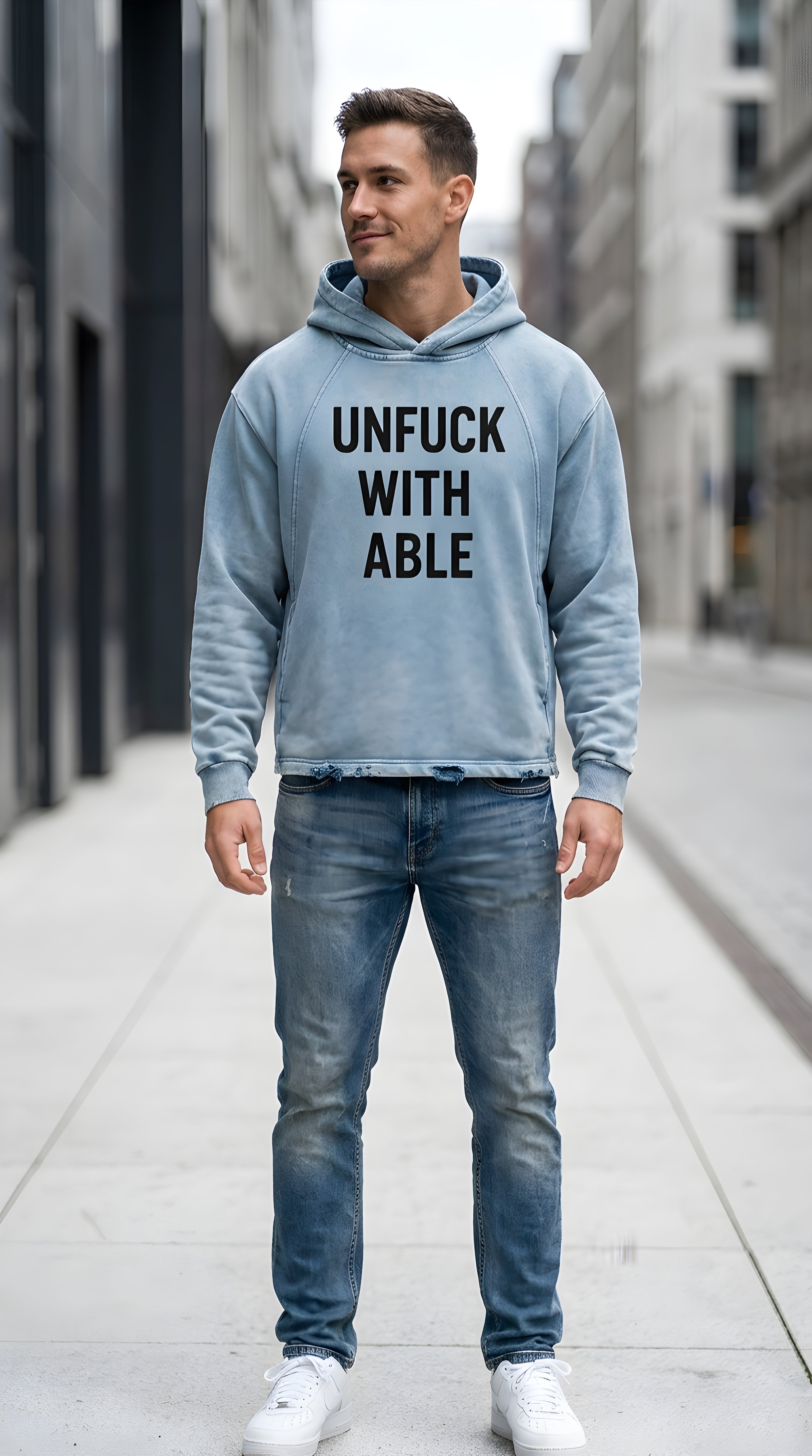 Mens 'UNFUCKWITHABLE' Vintage Washed Frayed-Hem Hoodie