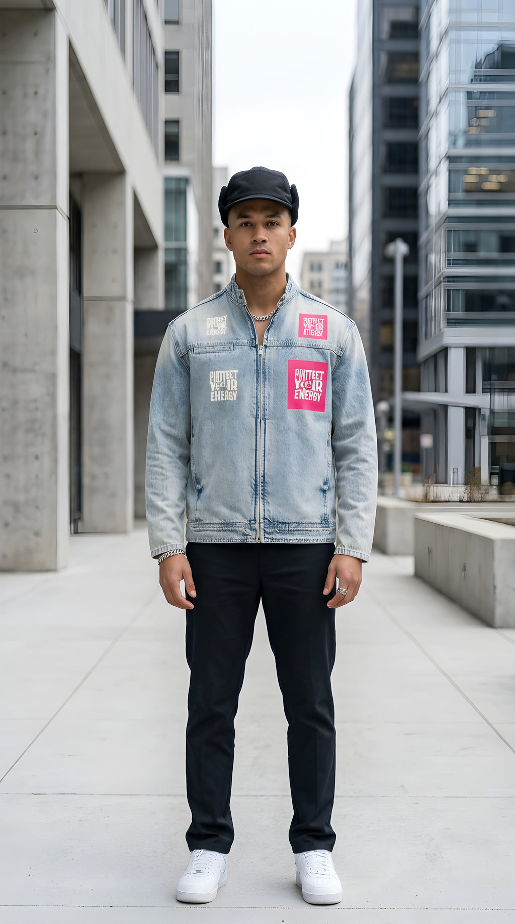 Mens 'PROTECT YOUR ENERGY"  Vintage Wash Zip Denim Jacket