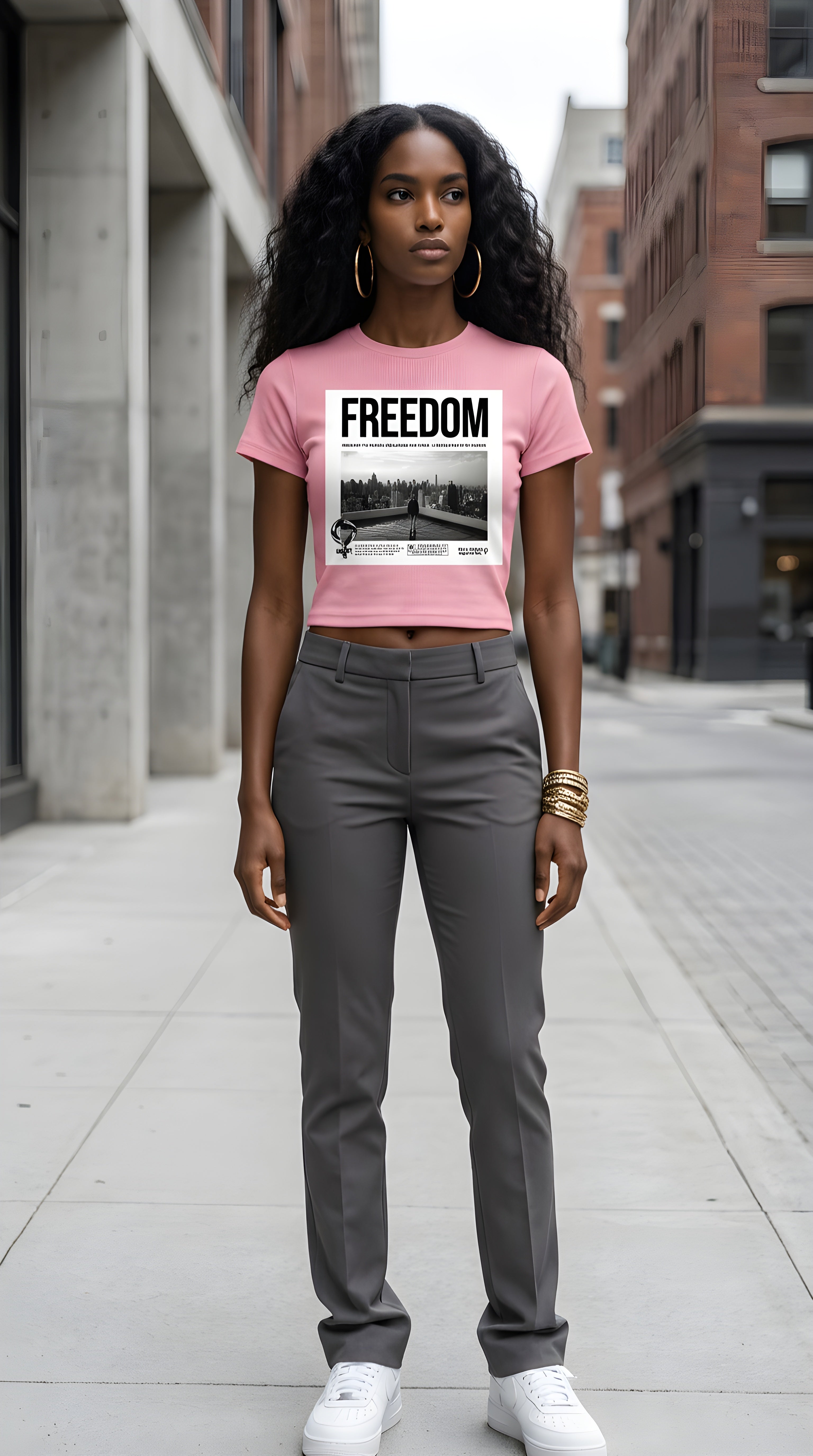 Womens 'FREEDOM" Essential Slim Fit Mock Neck Tee