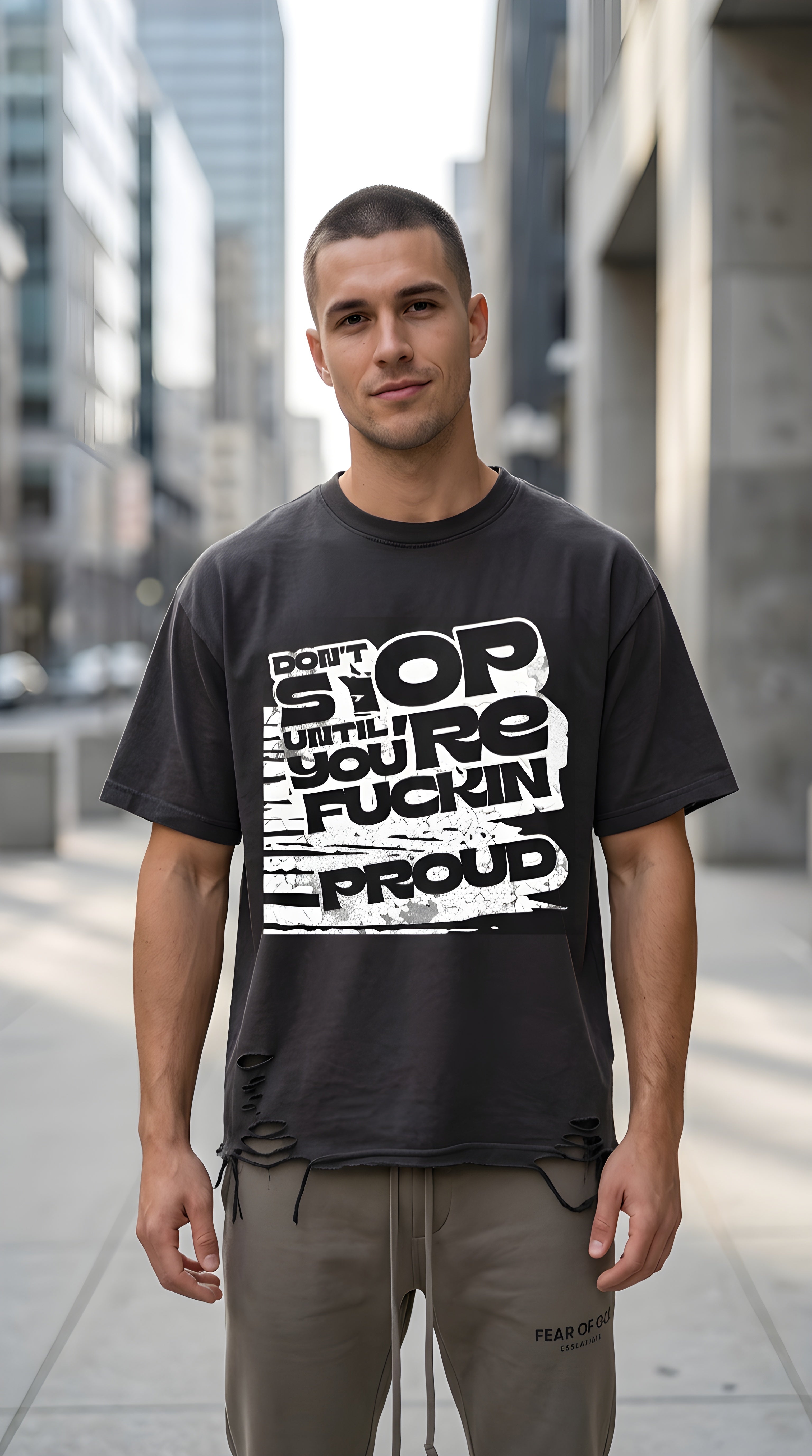 Mens 'STOP' Snow Washed Raw-Hem Tee