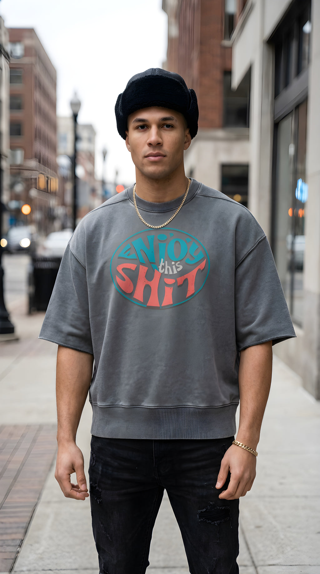 Mens 'ENJOY THIS SHIT' Mineral Wash Boxy Raw Edge Shirt