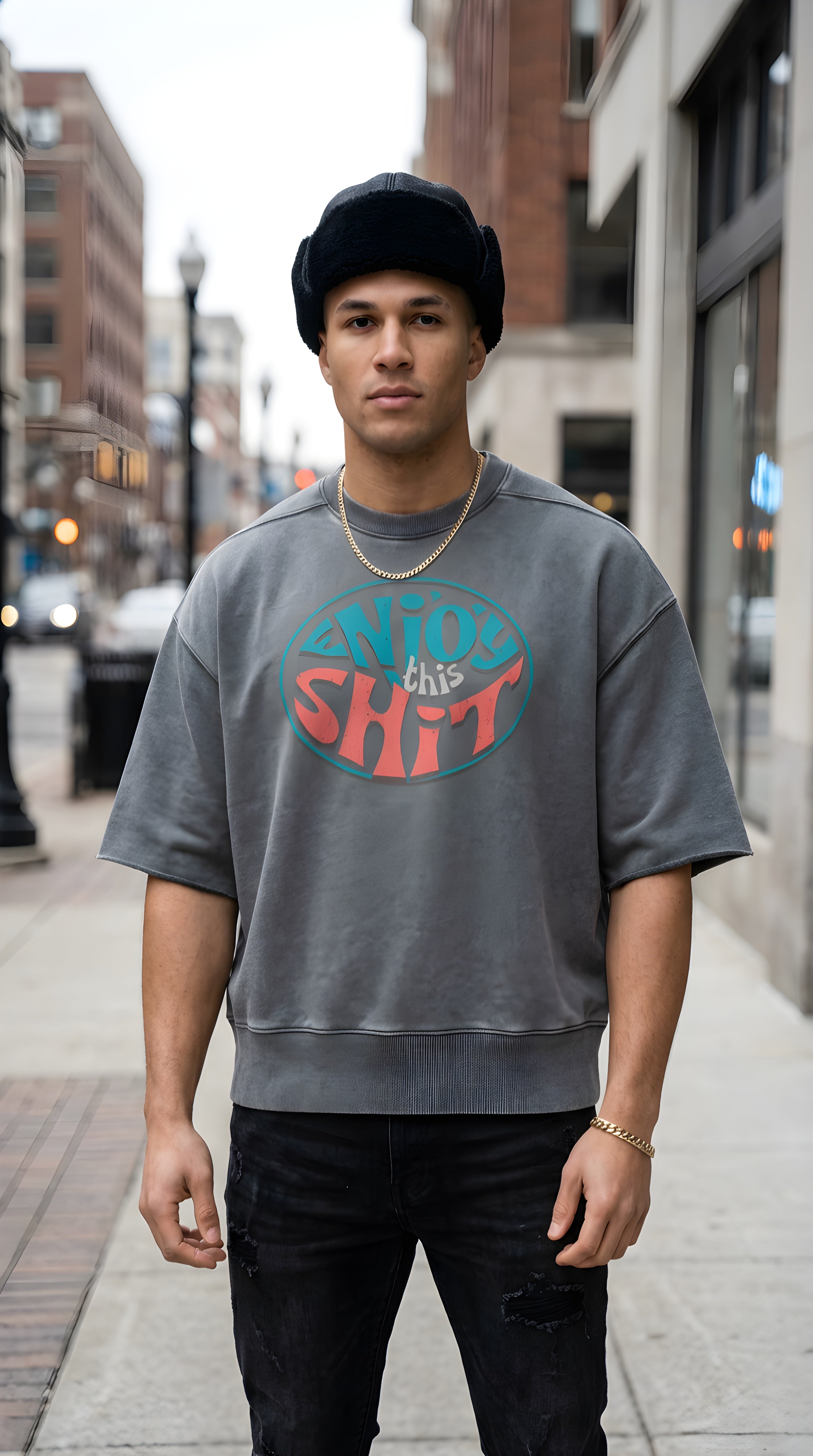 Mens 'ENJOY THIS SHIT' Mineral Wash Boxy Raw Edge Shirt