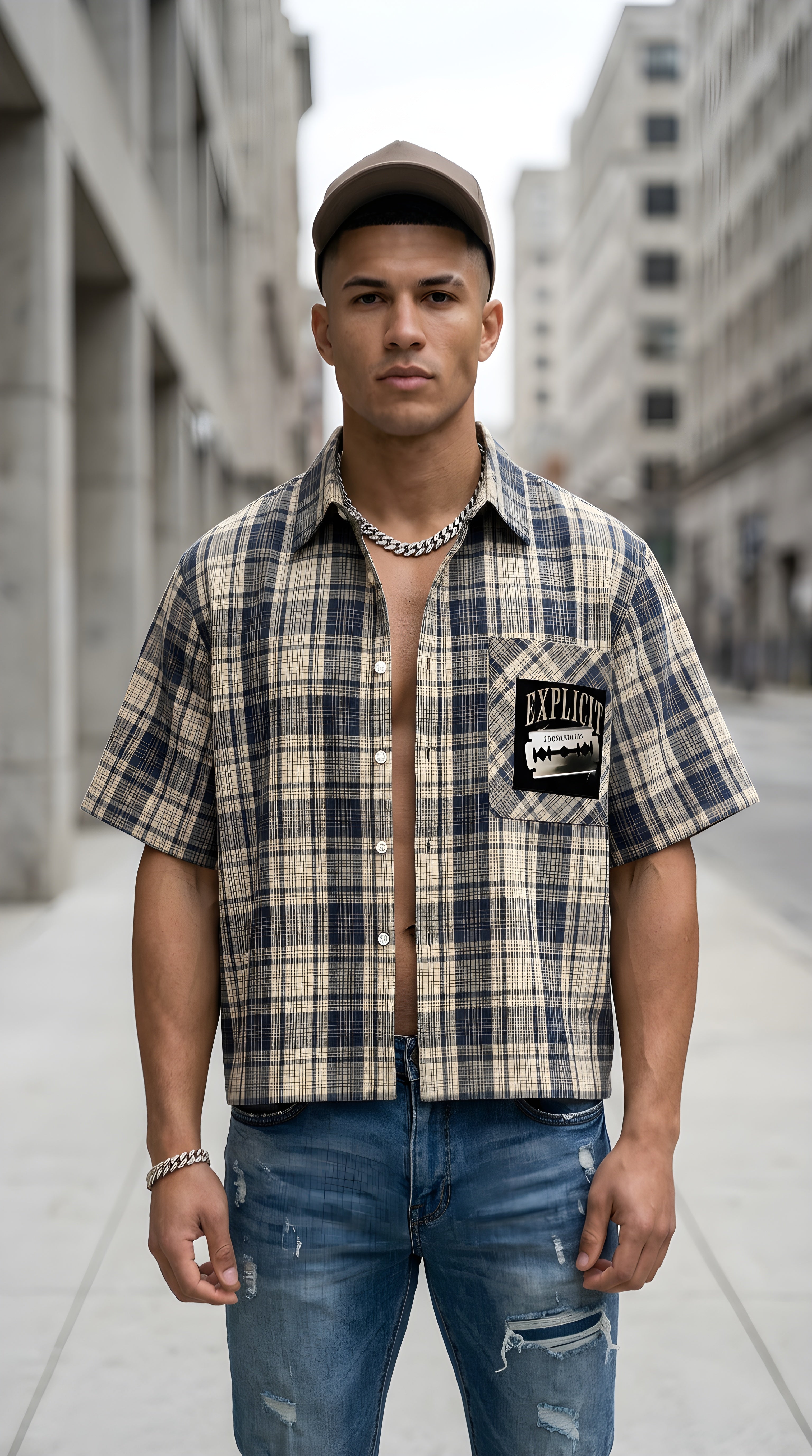 Mens 'EXPLICIT' Plaid Boxy Short Sleeve Shirt