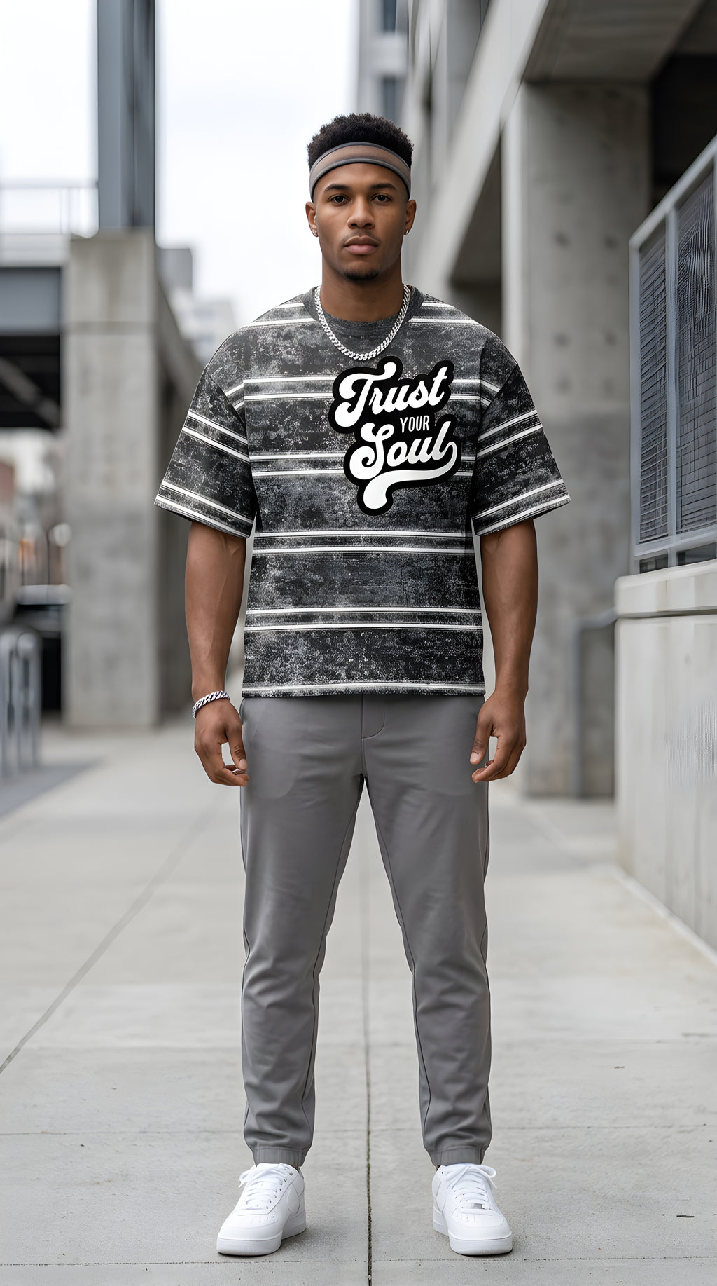 Mens 'TRUST YOUR SOUL" Snow Washed Striped Boxy Tee