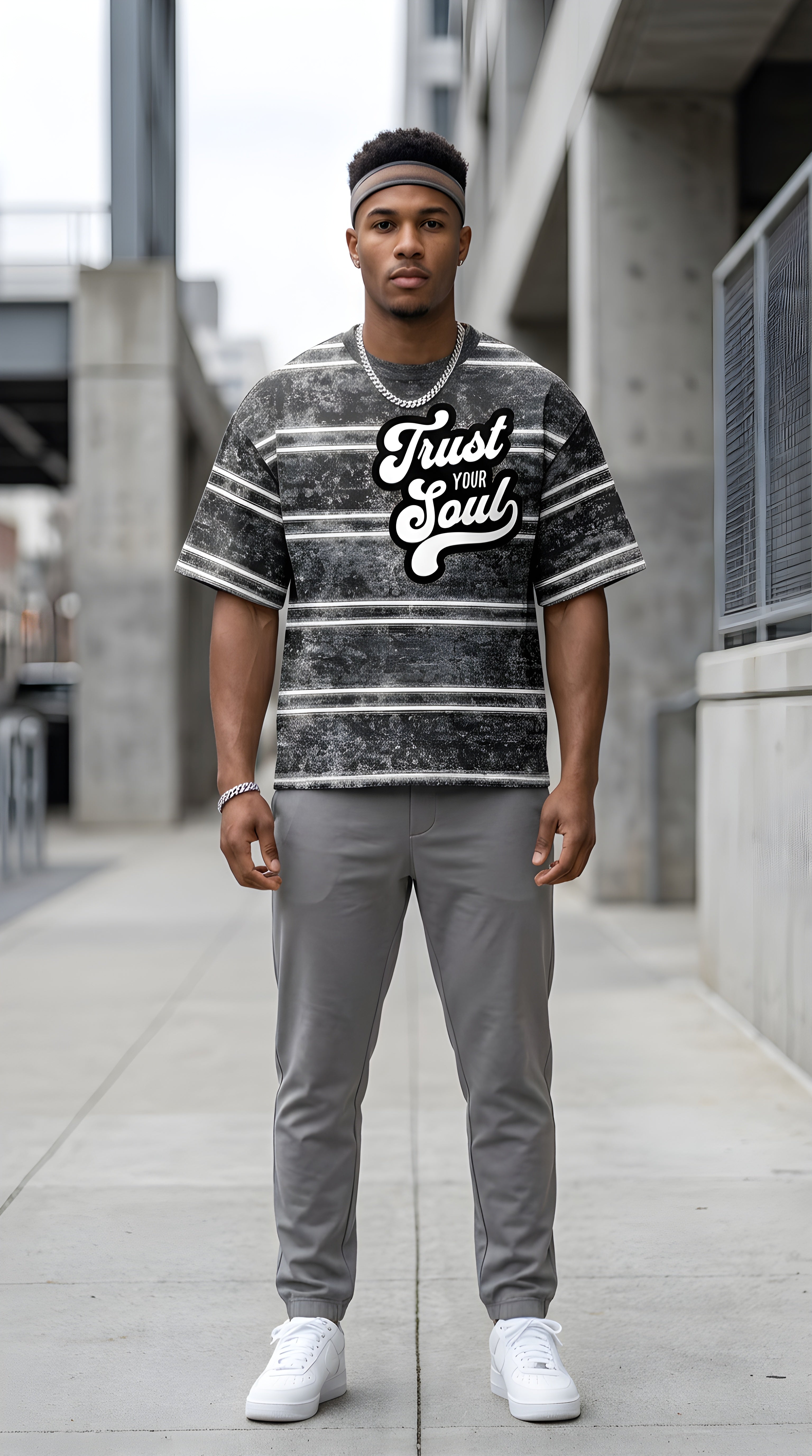 Mens 'TRUST YOUR SOUL" Snow Washed Striped Boxy Tee